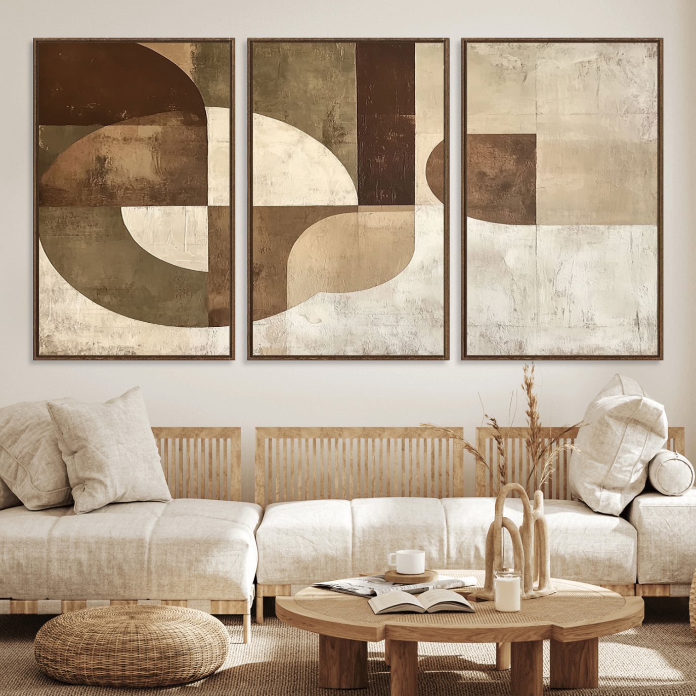 59767-MGV-FC-60X30-3P_Walnut-Wabi Sabi Geometric Wall Art | Abstract Modern Minimalist Canvas Print with Neutral Mid Century Art