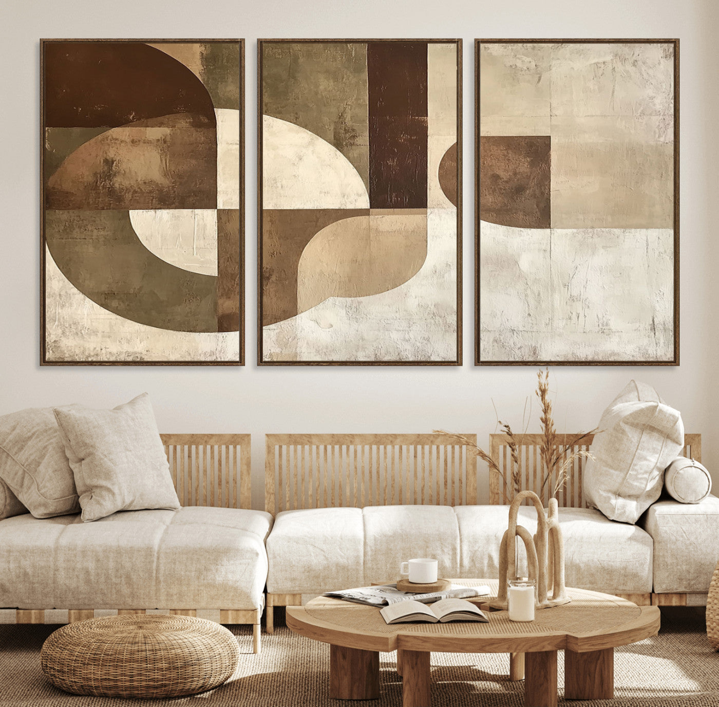 59767-MGV-FC-60X30-3P_Walnut-Wabi Sabi Geometric Wall Art | Abstract Modern Minimalist Canvas Print with Neutral Mid Century Art