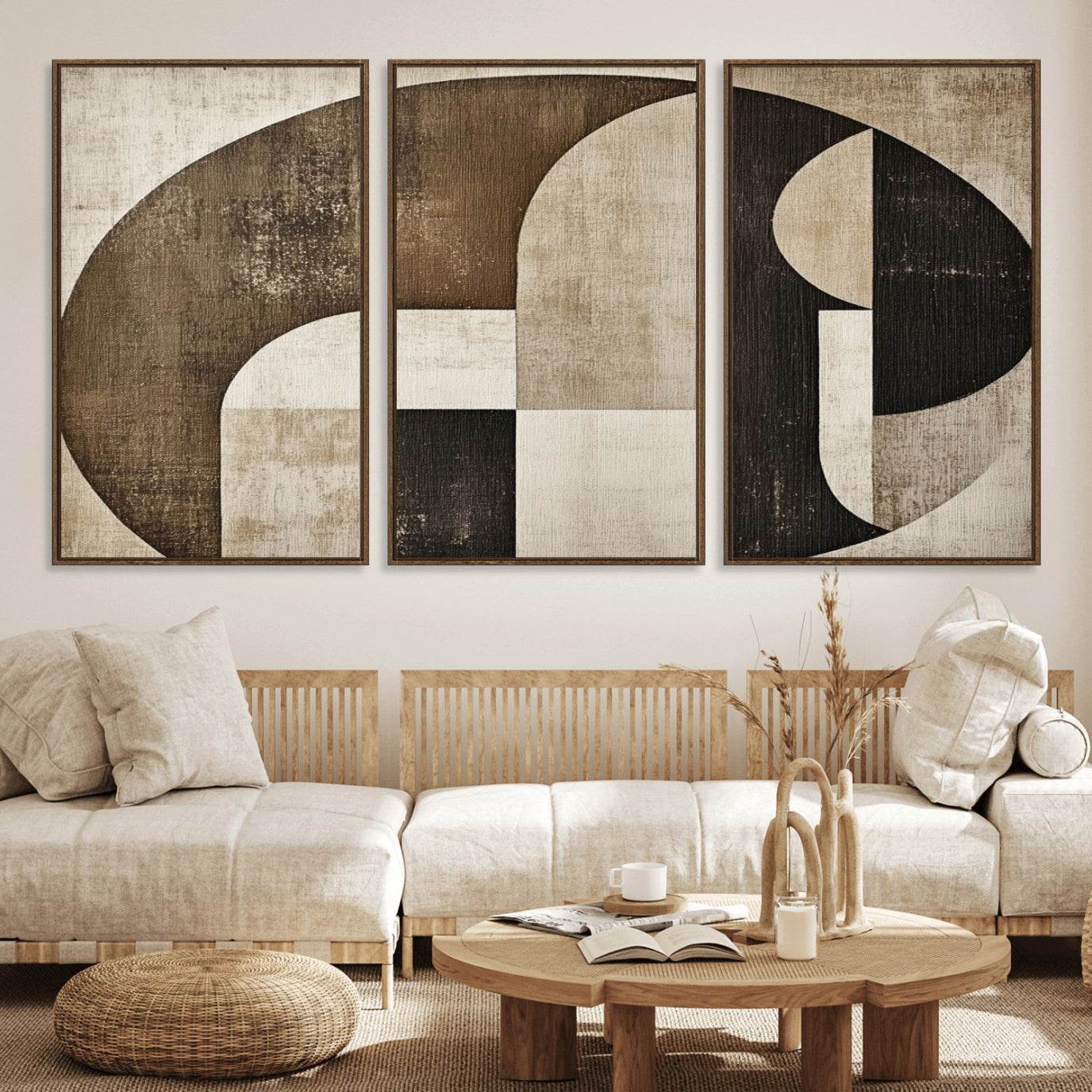 44796-MGV-FC-60X30-3P_Walnut-Wabi Sabi Abstract Wall Art | Geometric Modern Minimalist Canvas Print with Neutral Mid Century Art