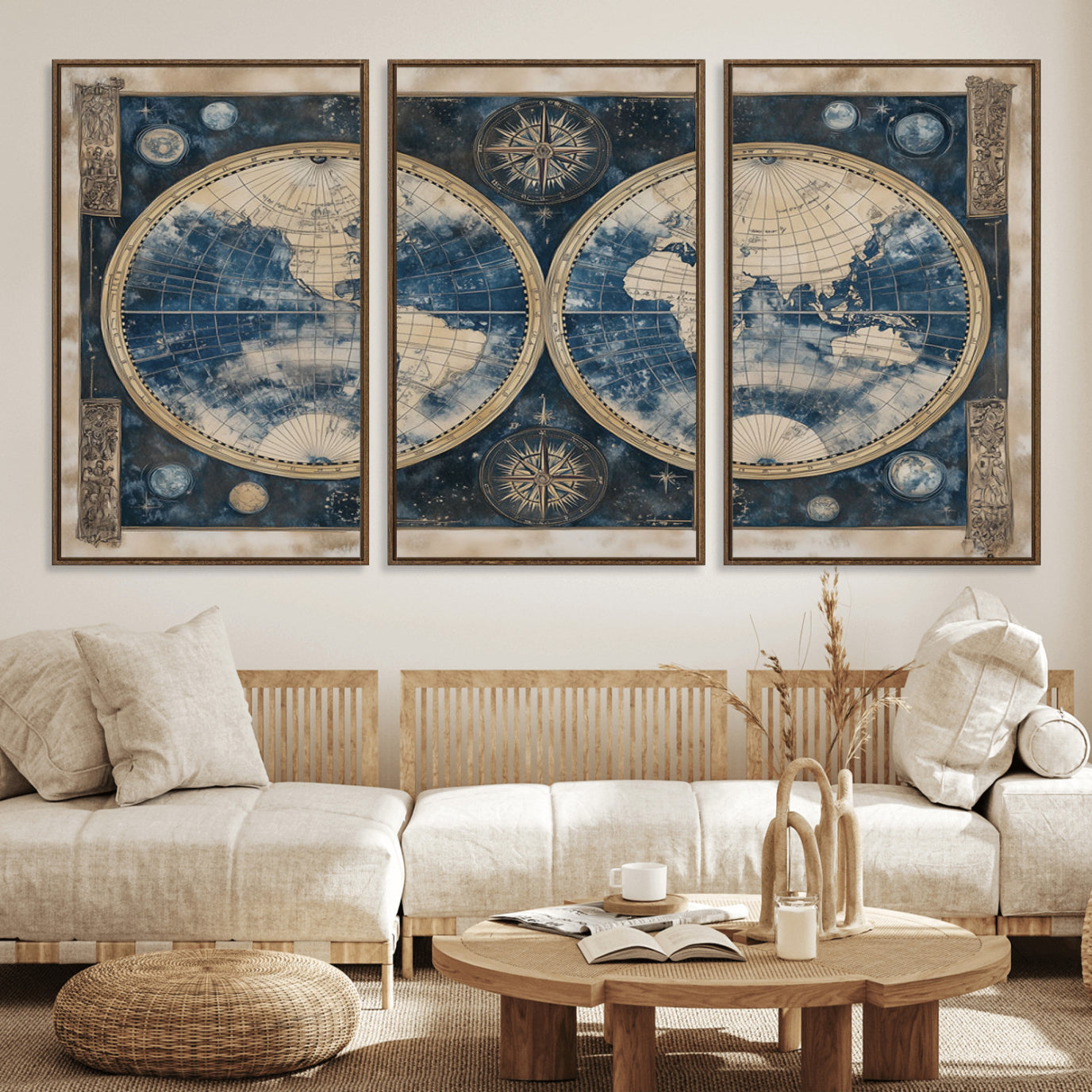 46473-MGV-FC-60X30-3P_Walnut-Framed Vintage Blue World Map Canvas Print – Antique Double Hemisphere Wall Art for Home and Office Decor, Classic Explorer Map Artwork
