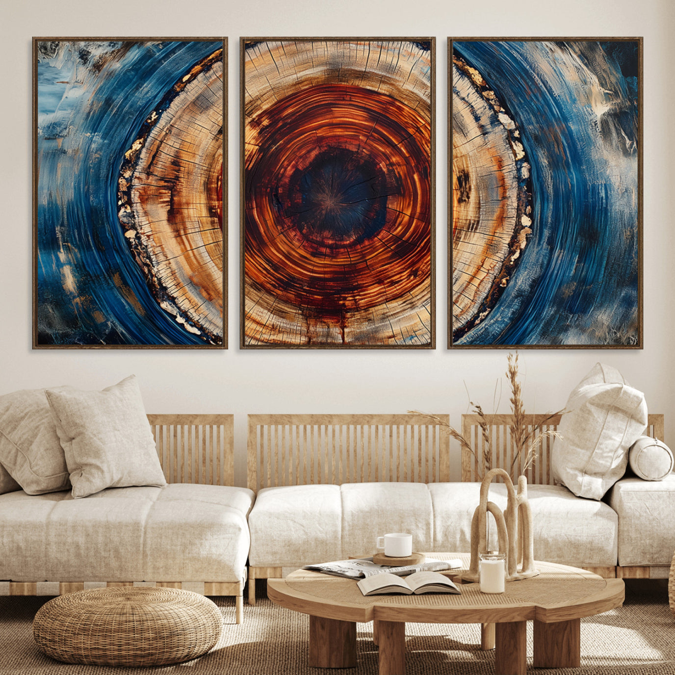 90395-MGV-FC-60X30-3P_Walnut-Abstract Framed Tree Rings Wall Decor, Wood Grain Rings Artwork Print, Nature Woodland Modern Wall
