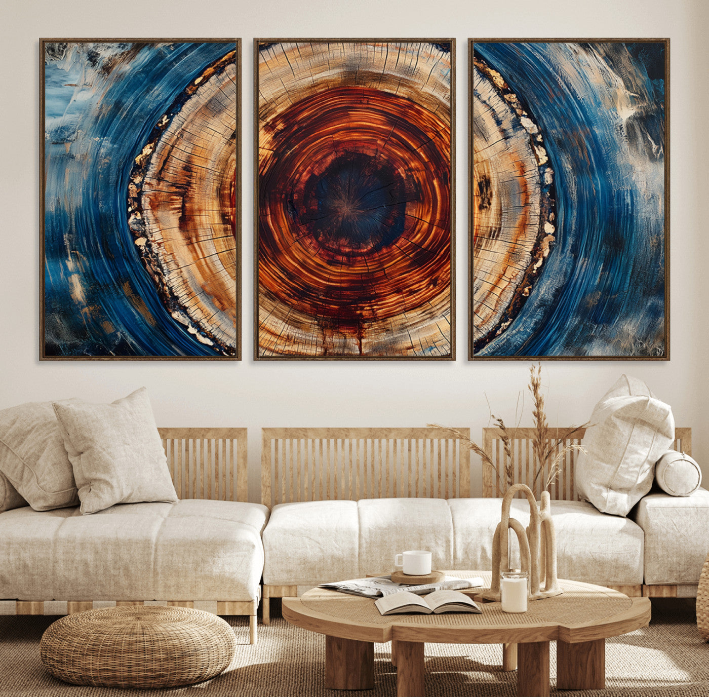 90395-MGV-FC-60X30-3P_Walnut-Abstract Framed Tree Rings Wall Decor, Wood Grain Rings Artwork Print, Nature Woodland Modern Wall