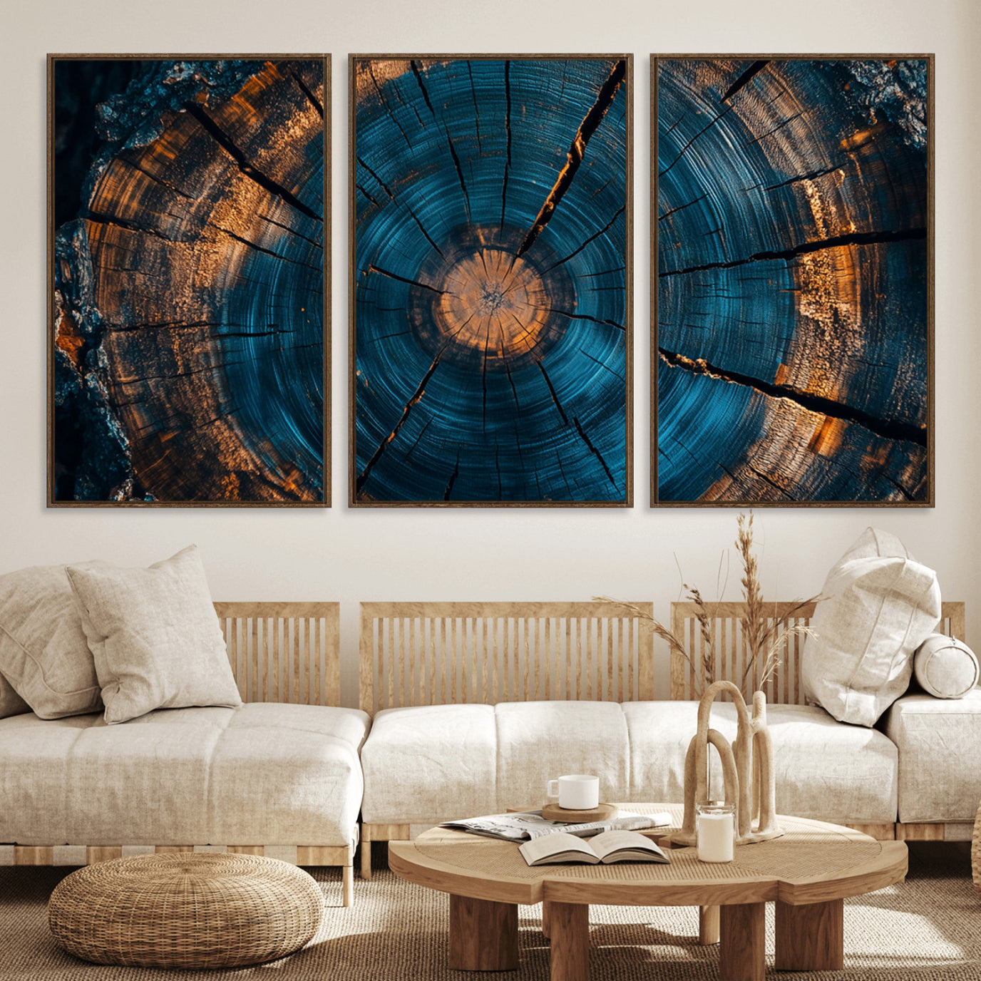 65231-MGV-FC-60X30-3P_Walnut-Farmhouse Wall Art - Abstract Tree Rings Canvas Wall Art Print, Framed Wood Grain Rings Artwork