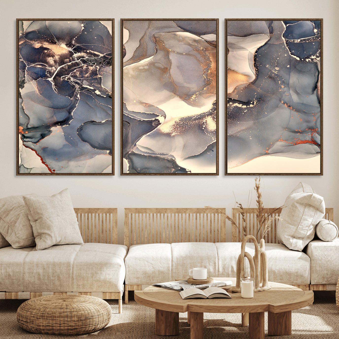 18202-MGV-FC-60X30-3P_Walnut-Abstract Blue and Gold Wall Art - Fluid Ink Artwork - Modern Luxury Wall Decor for Contemporary