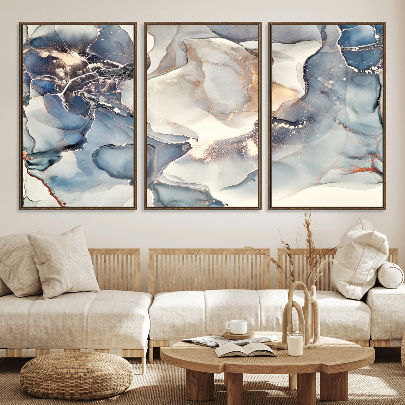 51497-MGV-FC-60X30-3P_Walnut-Abstract Blue and Gold Canvas Wall Art - Fluid Modern Ink Artwork - Modern Luxury Wall Decor for