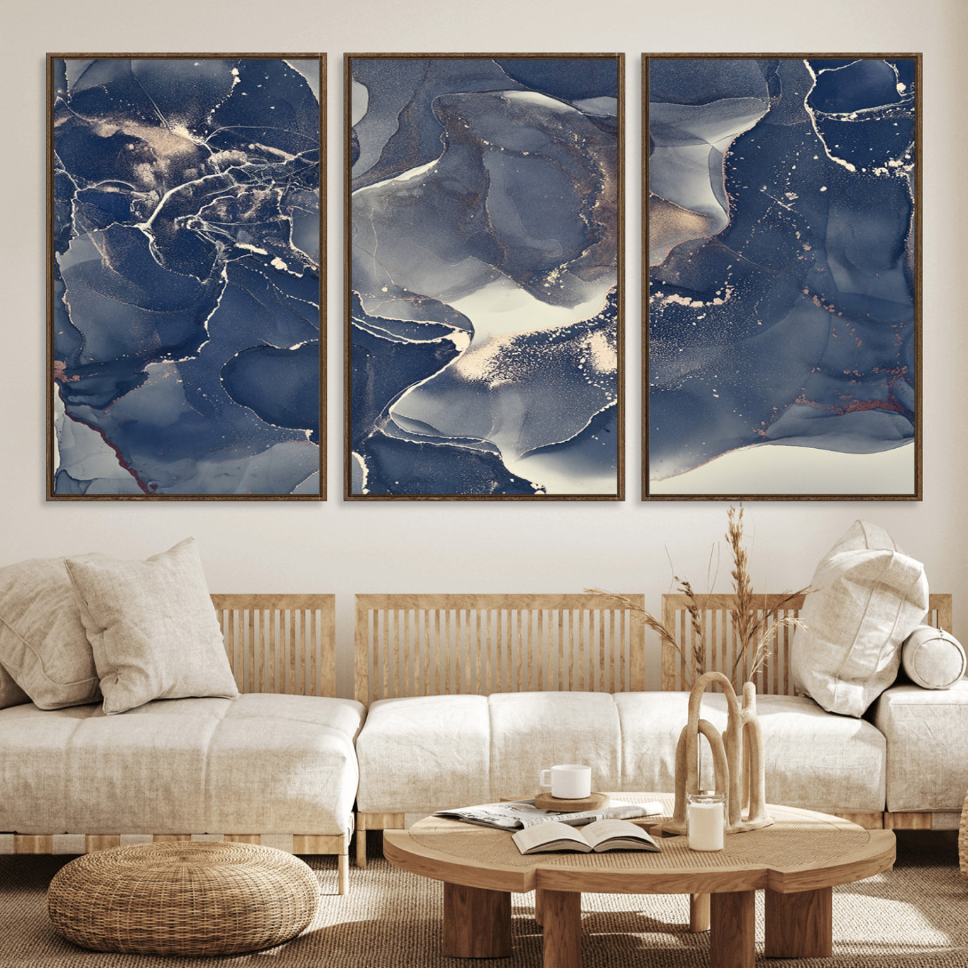 28282-MGV-FC-60X30-3P_Walnut-Large Abstract Blue and Gold Canvas Wall Art | Fluid Ink Artwork Print | Luxury Wall Decor for