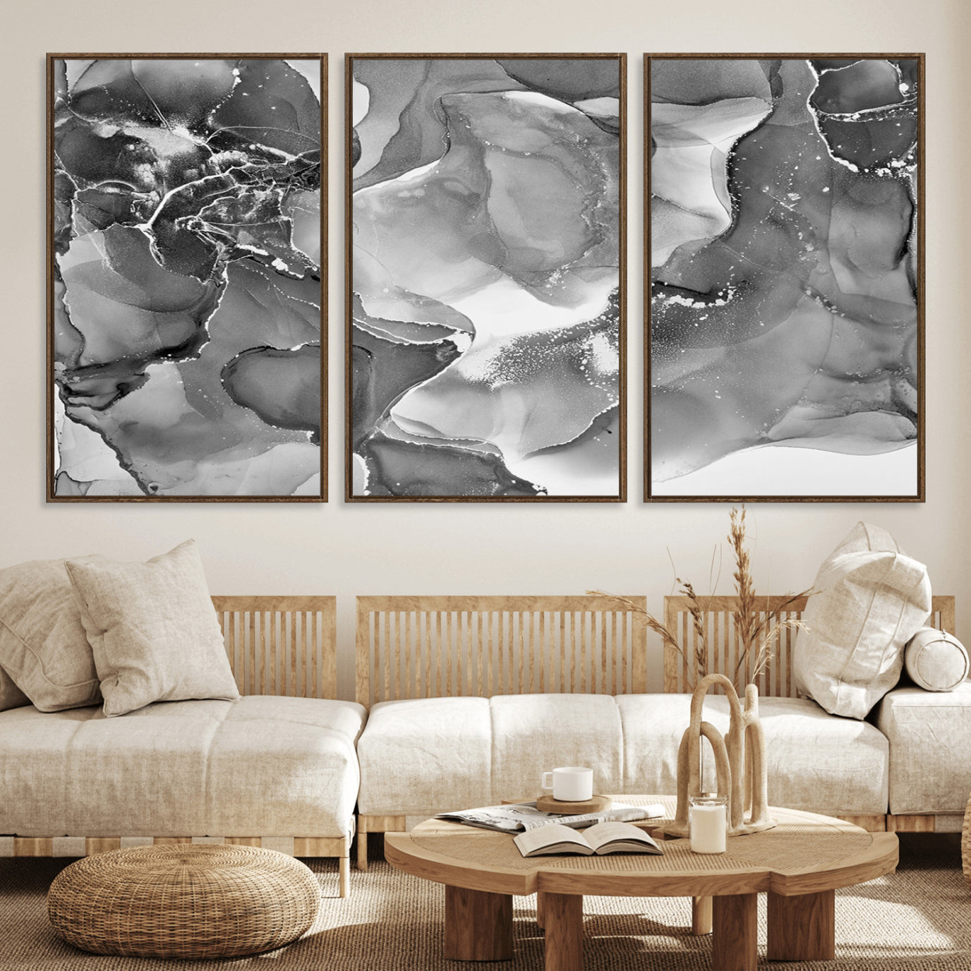 15911-MGV-FC-60X30-3P_Walnut-Black White Abstract Canvas Wall Art - Fluid Ink Artwork - Modern Luxury Wall Decor for Contemporary