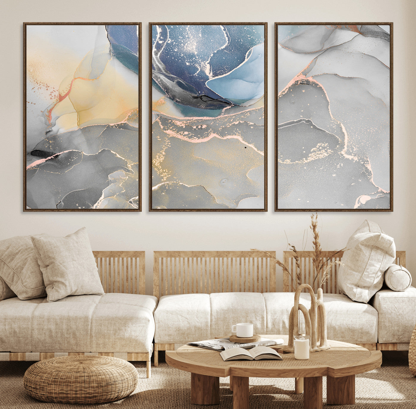 18176-MGV-FC-60X30-3P_Walnut-Large Abstract Blue and Gold Canvas Wall Art | Fluid Ink Artwork Print | Luxury Wall Decor for