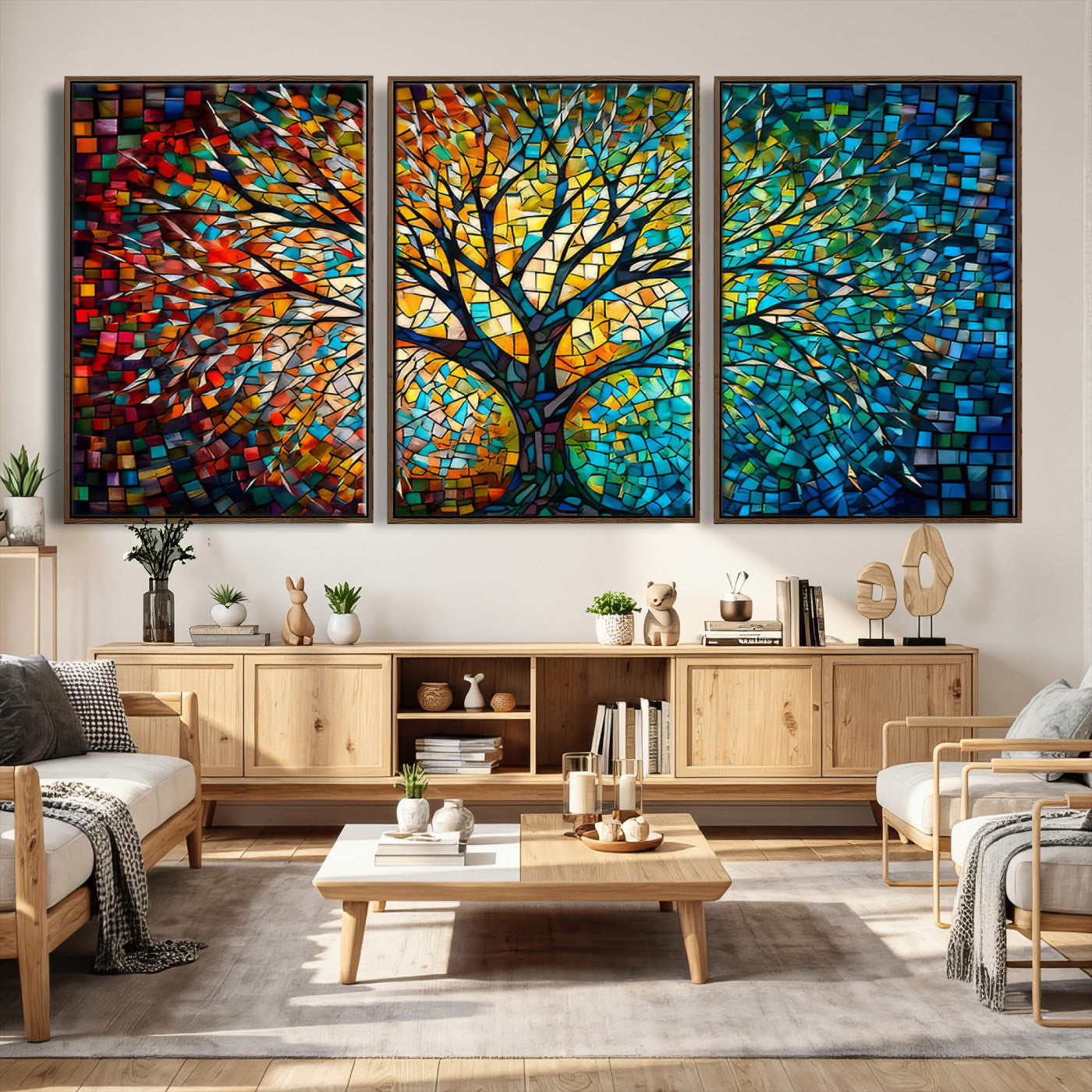 99325-MGV-CV-36X24 - Yggdrasil Tree of Life Wall Art Print Canvas | Mosaic Style 3-Panel Canvas Print