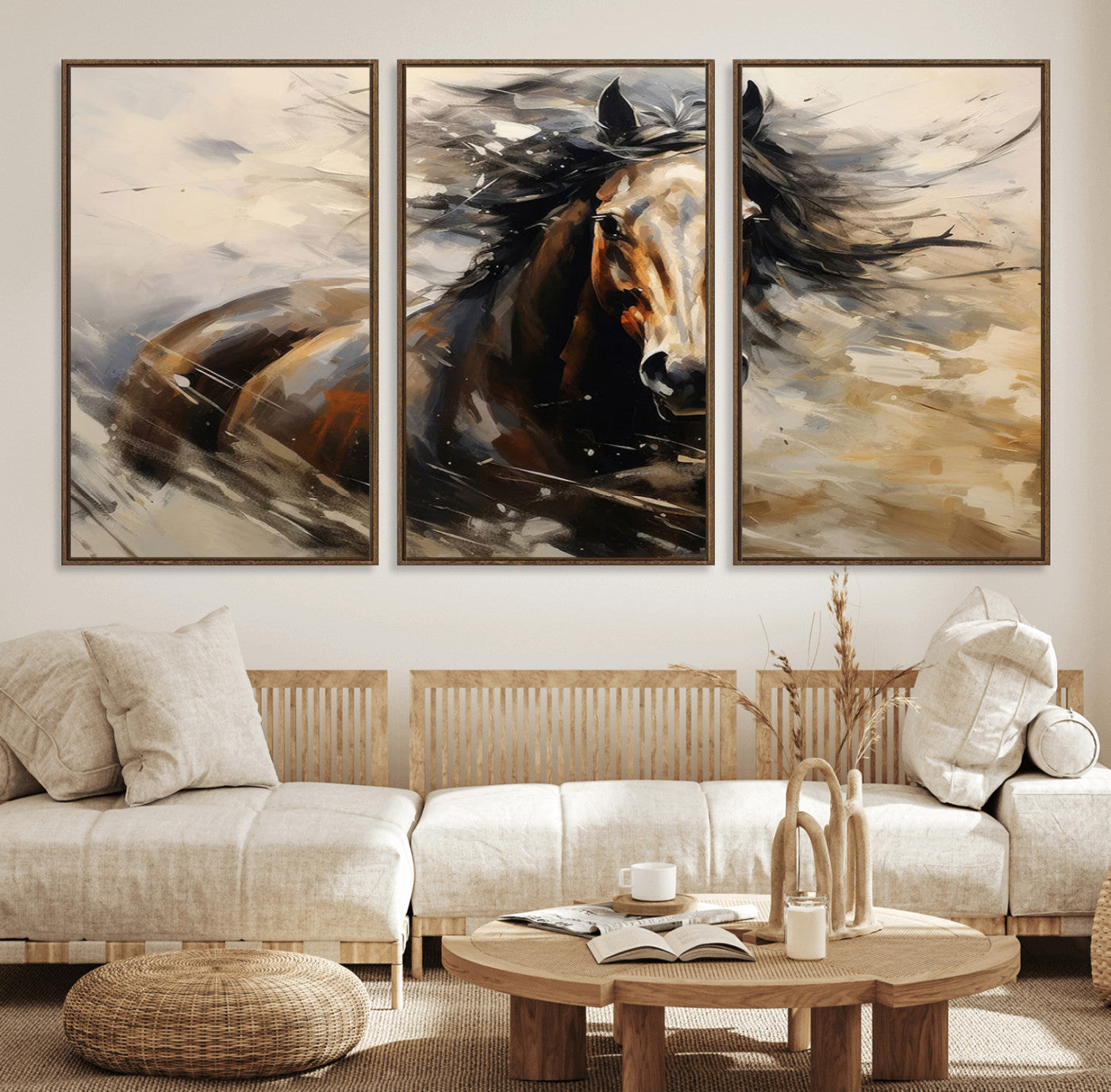 53001-MGV-FC-60X30-3P_Walnut-Abstract Wall Art Horse Print - Large Western Horse Canvas - Farmhouse Woodland Wall Art - Framed