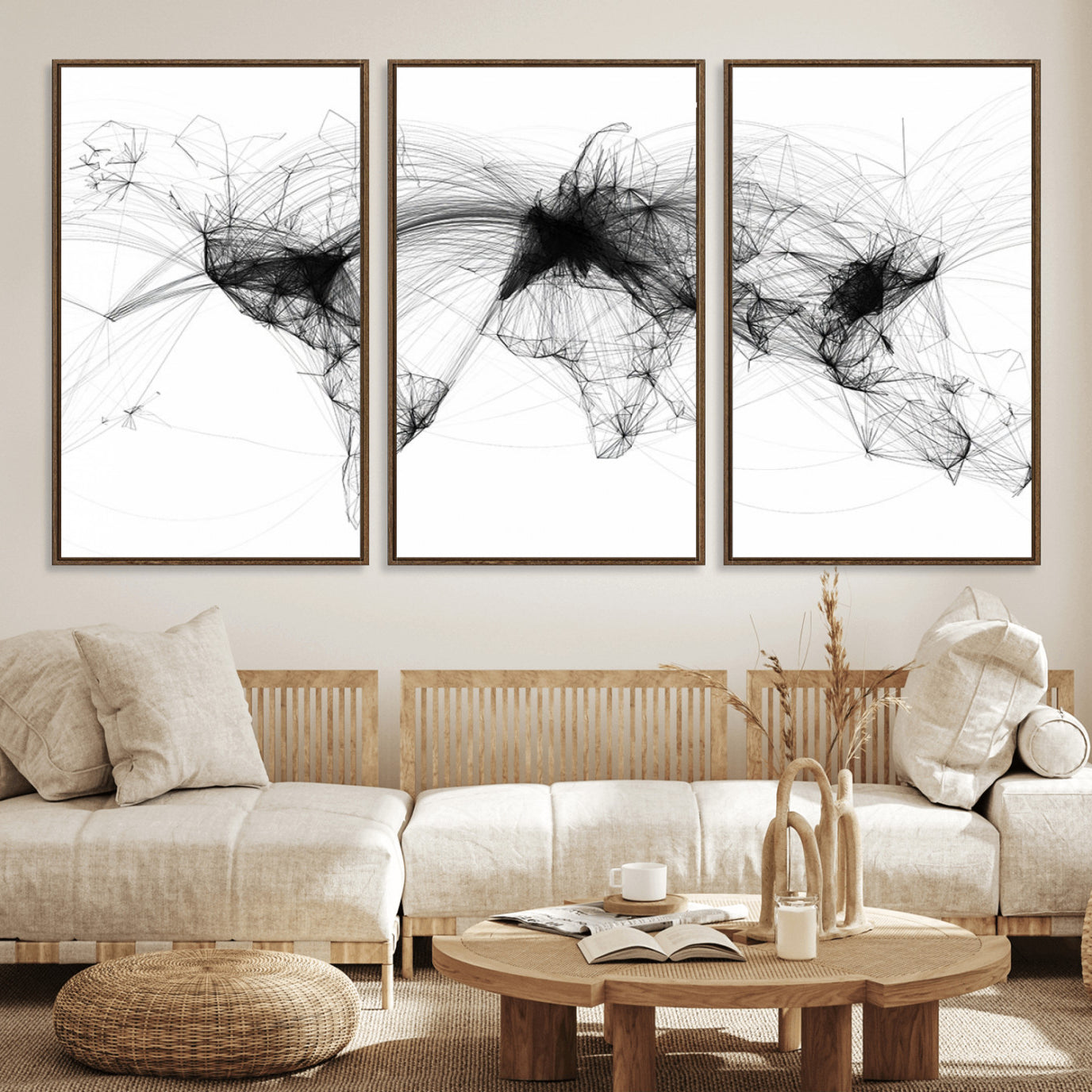 A minimalist abstract world map created from interconnected black lines representing global connectivity and communication networks.