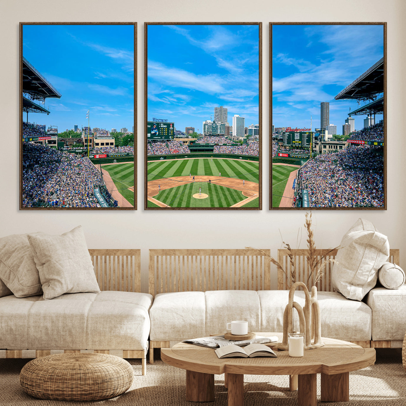 32373-MGV-FC-60X30-3P_Walnut-Wrigley Field Chicago Cubs Panoramic Art Multi Piece Canvas - Iconic Baseball Stadium Print for