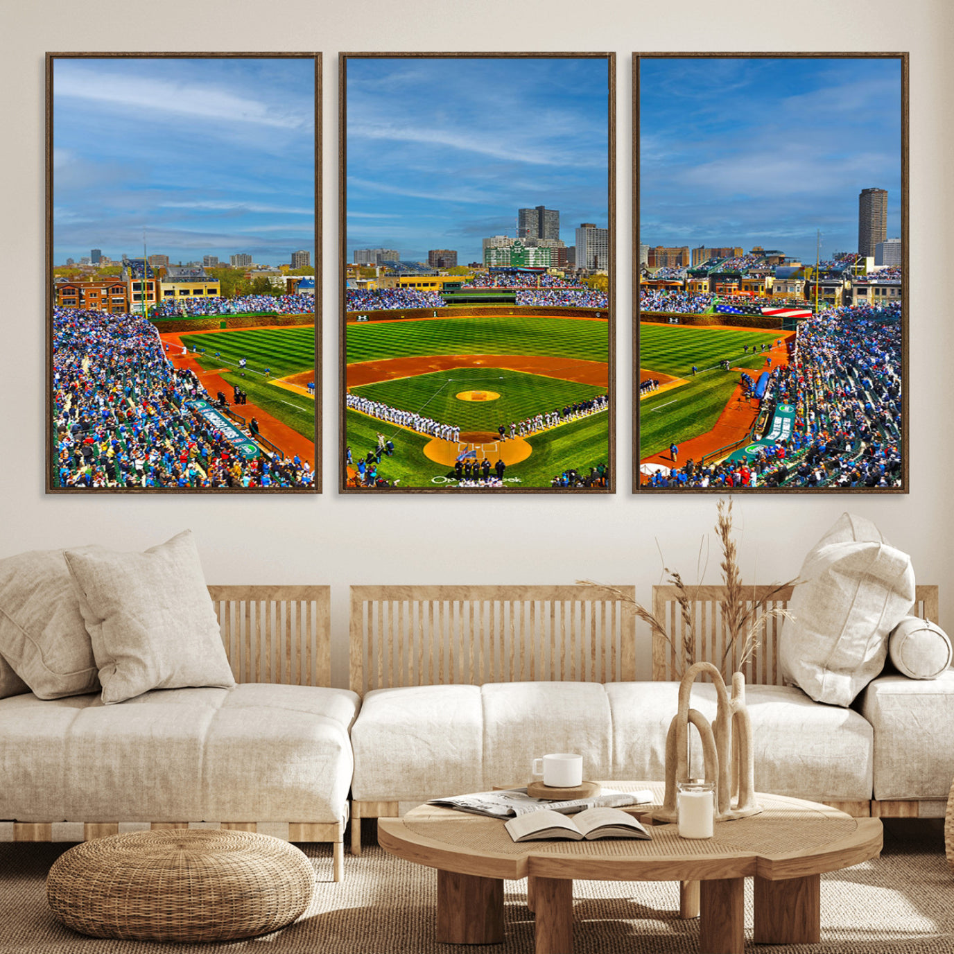 78105-MGV-FC-60X30-3P_Walnut-Wrigley Field Chicago Cubs Panoramic Multi Piece Canvas Wall Art - Iconic Baseball Stadium Canvas