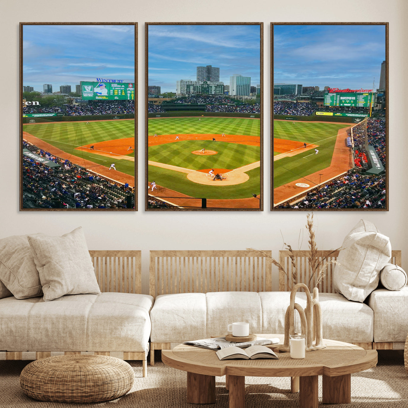 86839-MGV-FC-60X30-3P_Walnut-Wrigley Field Chicago Cubs Panoramic Multi Piece Canvas Wall Art - Iconic Baseball Stadium Print for