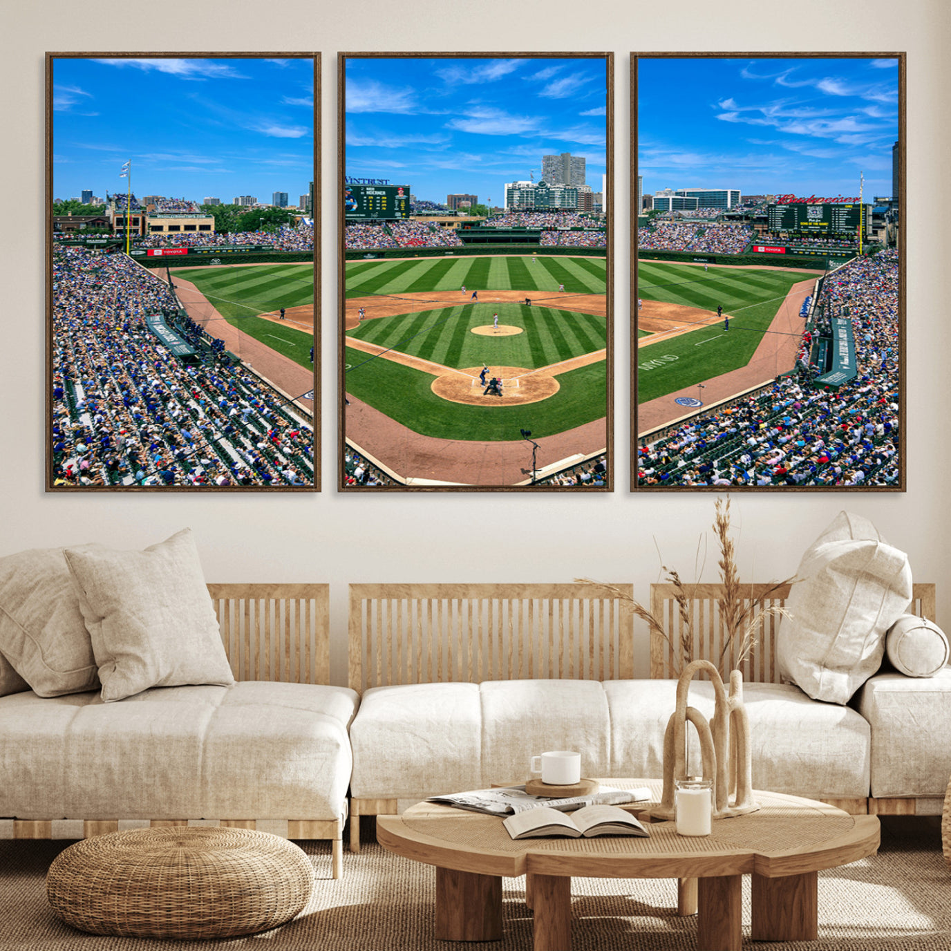 26064-MGV-FC-60X30-3P_Walnut-Wrigley Field Chicago Cubs Wall Art Canvas Print Framed Panoramic Multi-Piece Iconic Baseball Stadium Artwork for Home, Office