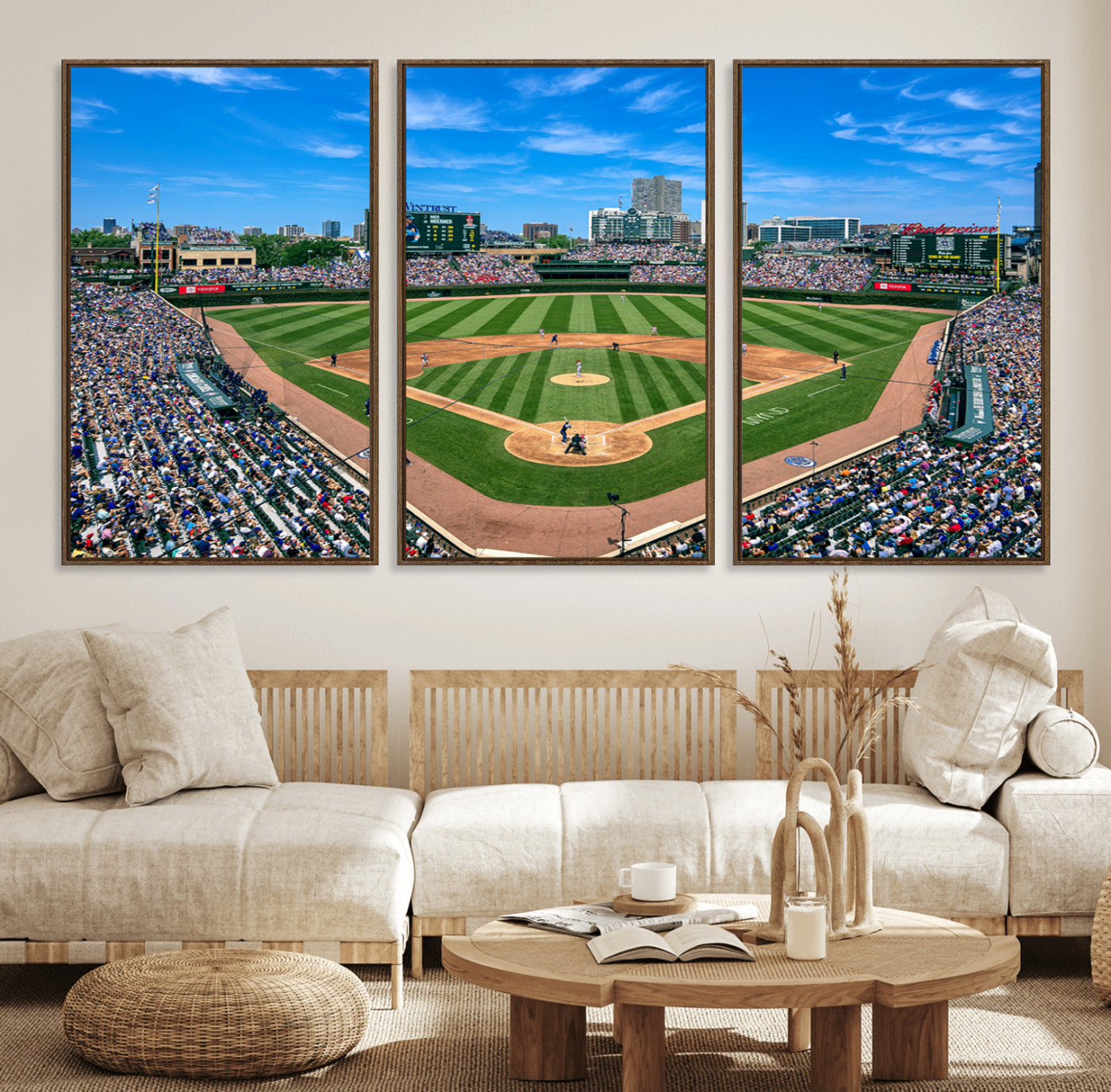 26064-MGV-FC-60X30-3P_Walnut-Wrigley Field Chicago Cubs Wall Art Canvas Print Framed Panoramic Multi-Piece Iconic Baseball Stadium Artwork for Home, Office