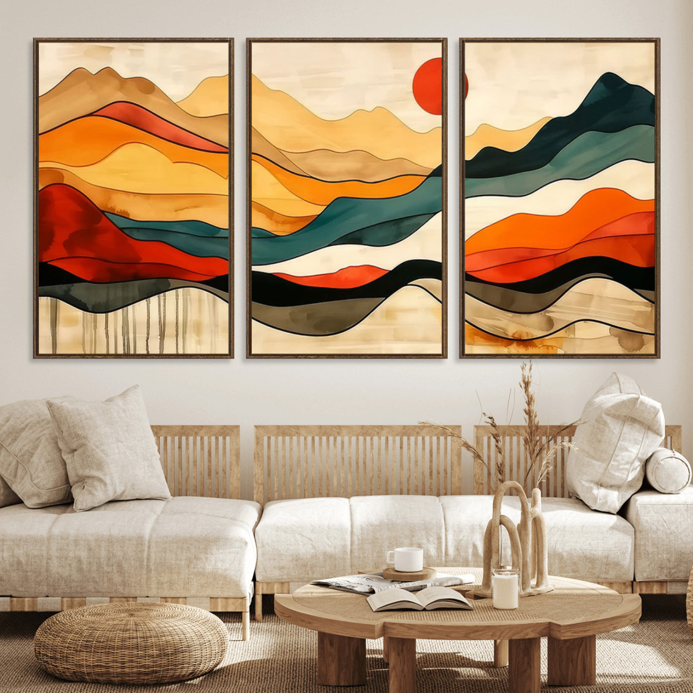 A vibrant abstract landscape featuring layered hills in rich earth tones with a striking red sun, evoking warmth and movement in a minimalist style.