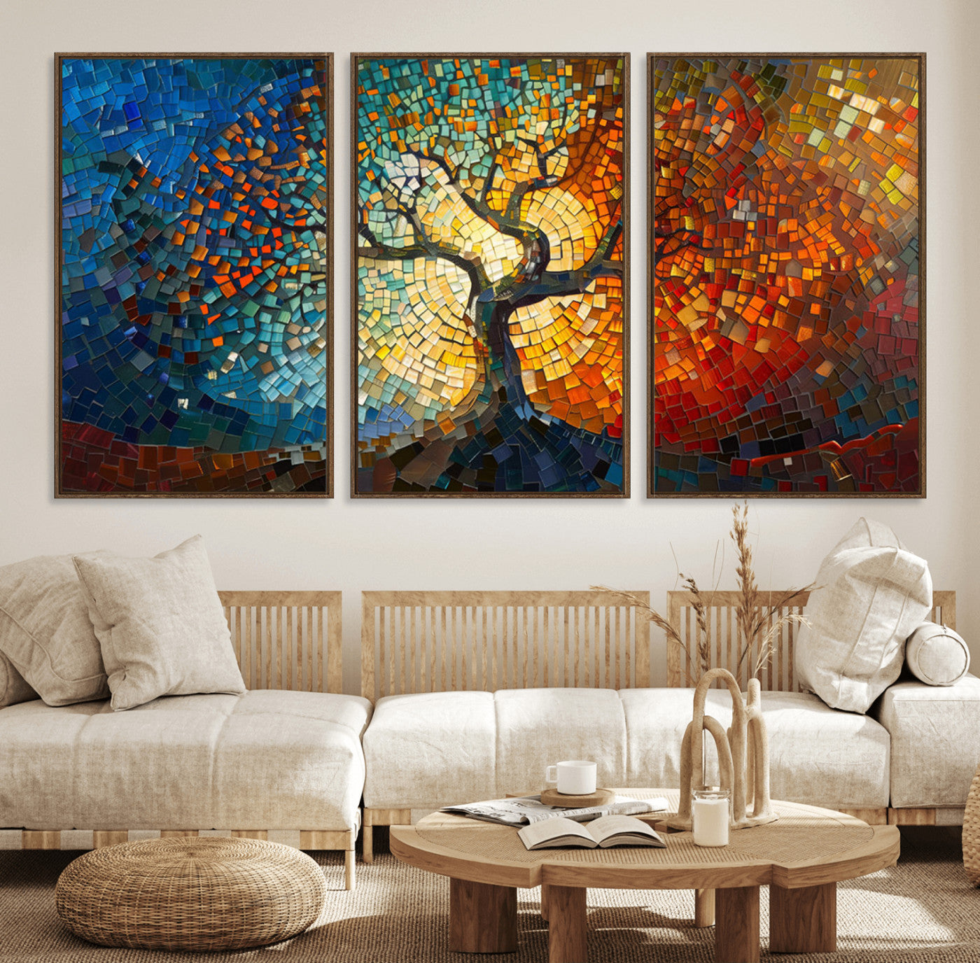 66056-MGV-FC-60X30-3P_Walnut-Yggdrasil Tree of Life Mosaic Stained Glass Wall Art Canvas, Yggdrasil Tree of Life Mosaic Canvas