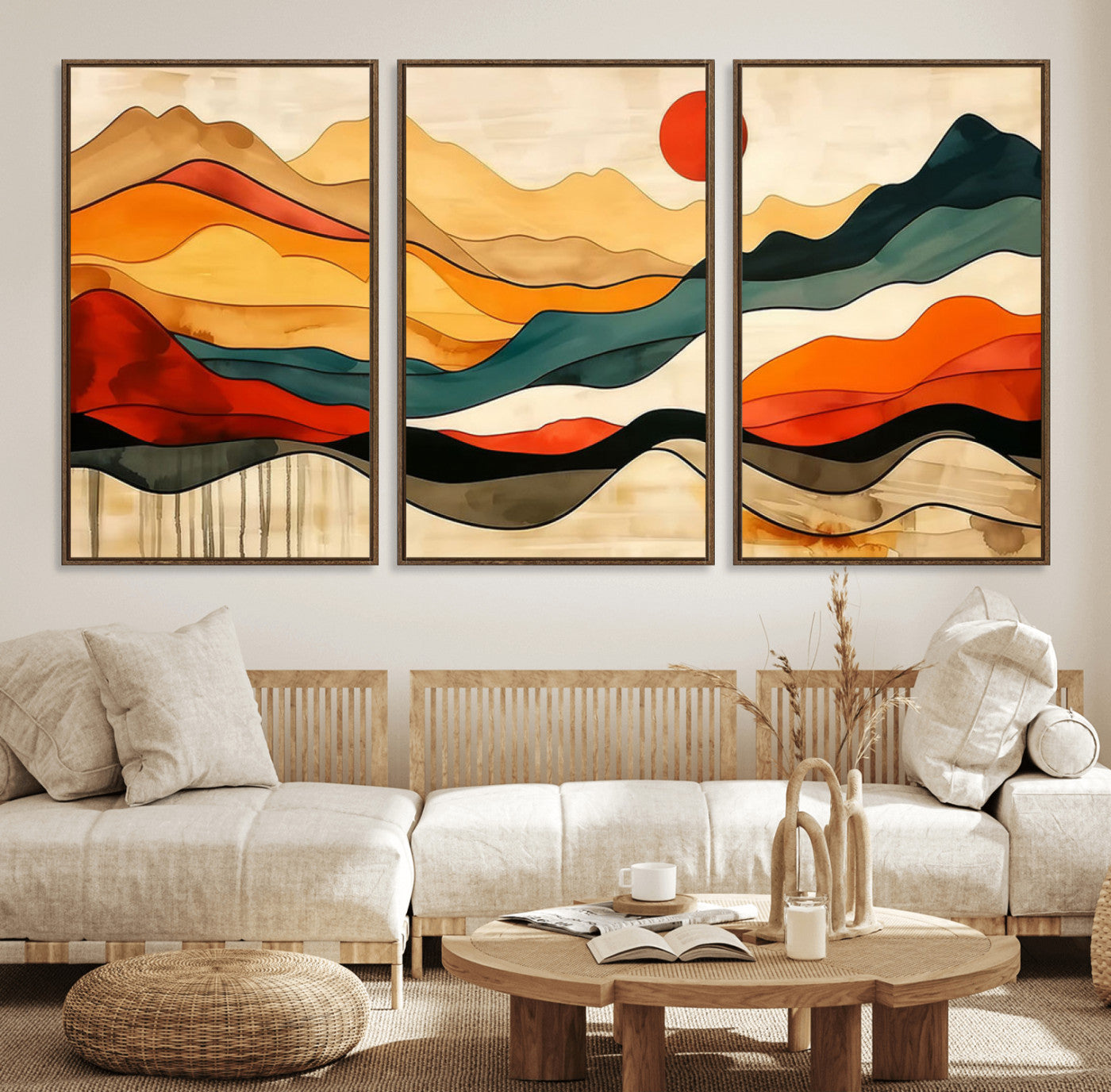23241-MGV-FC-60X30-3P_Walnut-Mid Century Wall Art Print - Abstract Woodland Print - Modern Art Panoramic Mountain Wall Art