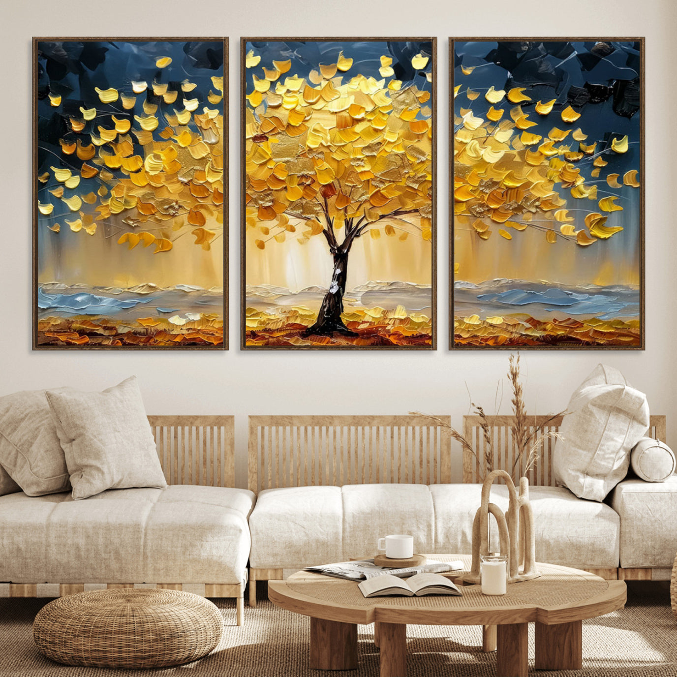 A stunning impasto painting captures the golden hues of autumn with a vibrant tree glowing against a dramatic blue and brown backdrop.