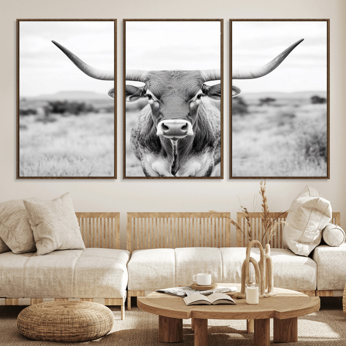 45545-MGV-FC-60X30-3P_Walnut-Highland Cow Wall Art Print - Black and White Texas Western Longhorn Canvas - Farmhouse Decor Print