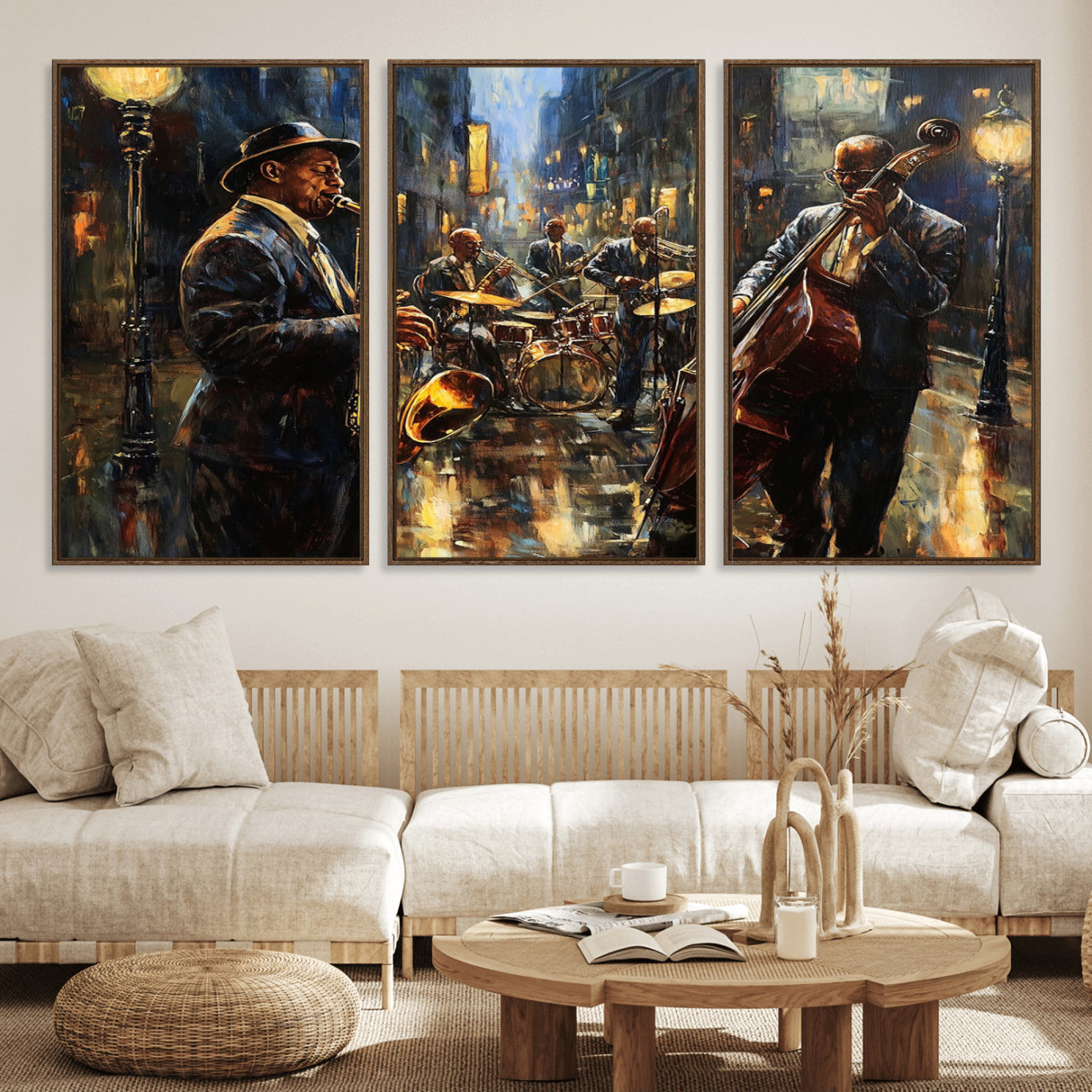 36990-MGV-FC-60X30-3P_Walnut-Jazz Canvas Wall Art Print - Abstract African American Music Art - Framed Posters for Living Room or