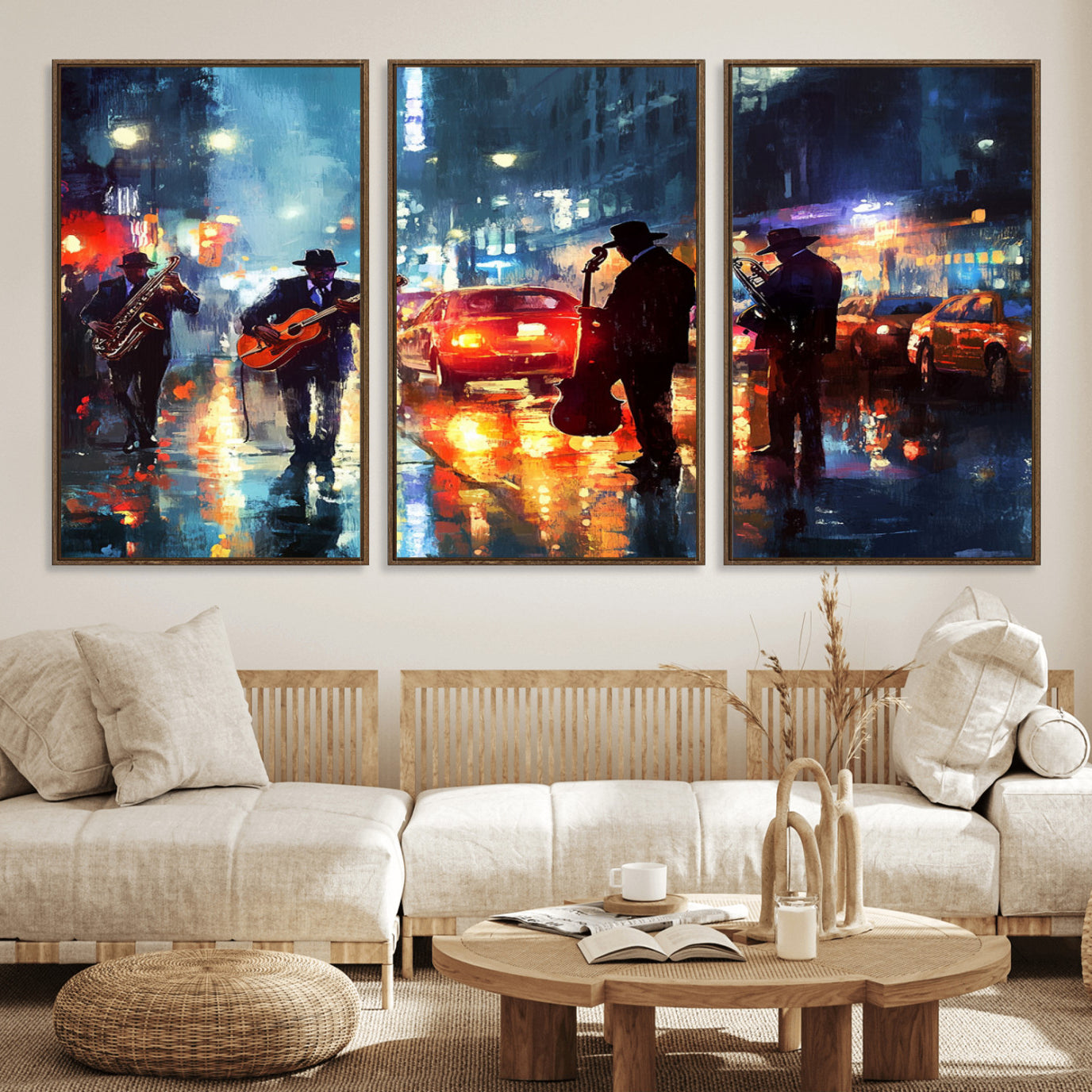94605-MGV-FC-60X30-3P_Walnut-African American Jazz Canvas - Abstract Music Wall Art Print - Abstract Jazz Wall Art Framed Prints