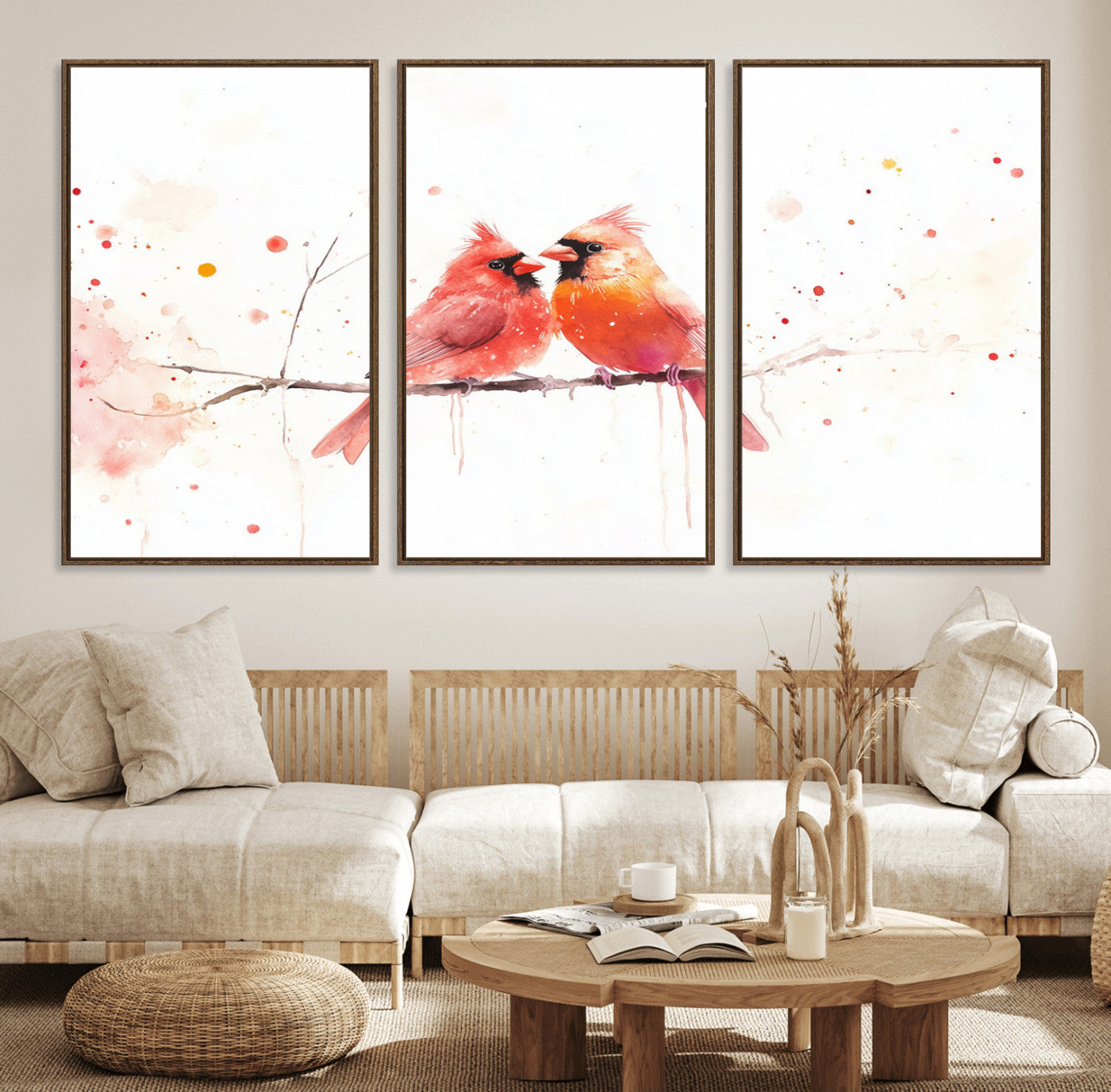 98171-MGV-FC-60X30-3P_Walnut-Cardinal Bird Canvas Wall Art - Male and Female Cardinal Print - Nature-Inspired Bird Wall Decor for