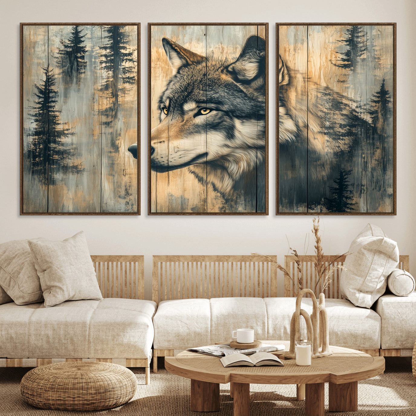 51892-MGV-FC-60X30-3P_Walnut-Wood Style Rustic Wolf Wall Art Canvas Print, Vintage Woodland Wolf Wall Art, Framed Wood Style Wolf