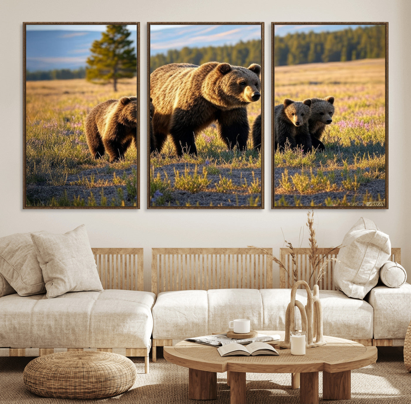 43400-MGV-FC-60X30-3P_Walnut-Grizzly 399 in Wild Flowers Wall Art Canvas Print, Grizzly Bears Wall Art, Queen of Grand Teton
