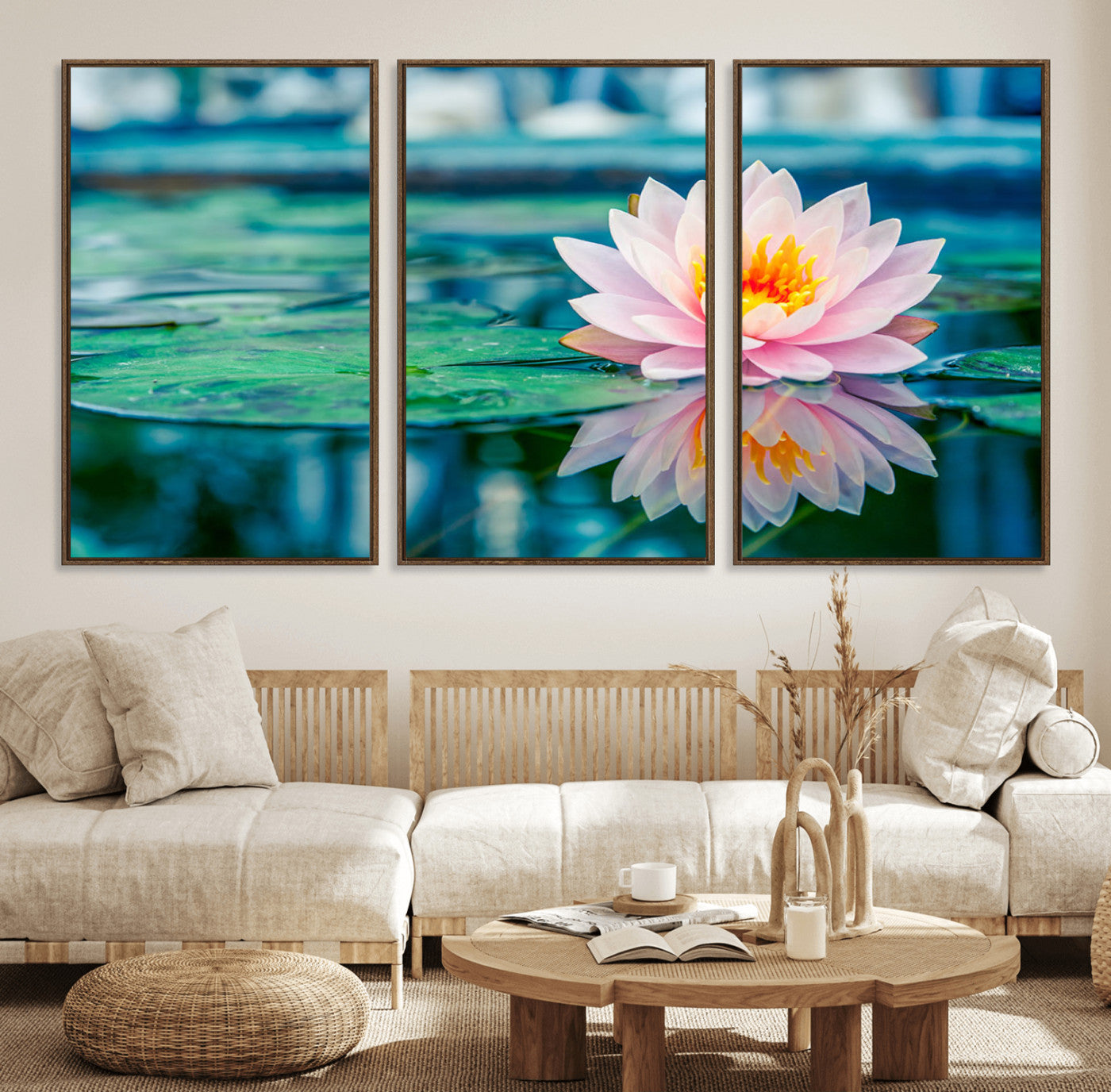 30320-MGV-FC-60X30-3P_Walnut-Lotus Flower Wall Art Canvas Print, Water Lily Large Wall Art Canvas Print for Yoga Room Decor,