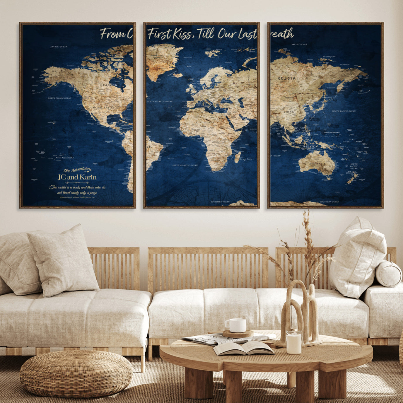 56122A-MGV-FC-60X30-3P_Walnut-Personalized Push Pin World Map Canvas Print – Custom Couple Travel Tracker Wall Art, Framed Anniversary Gift for Home Decor