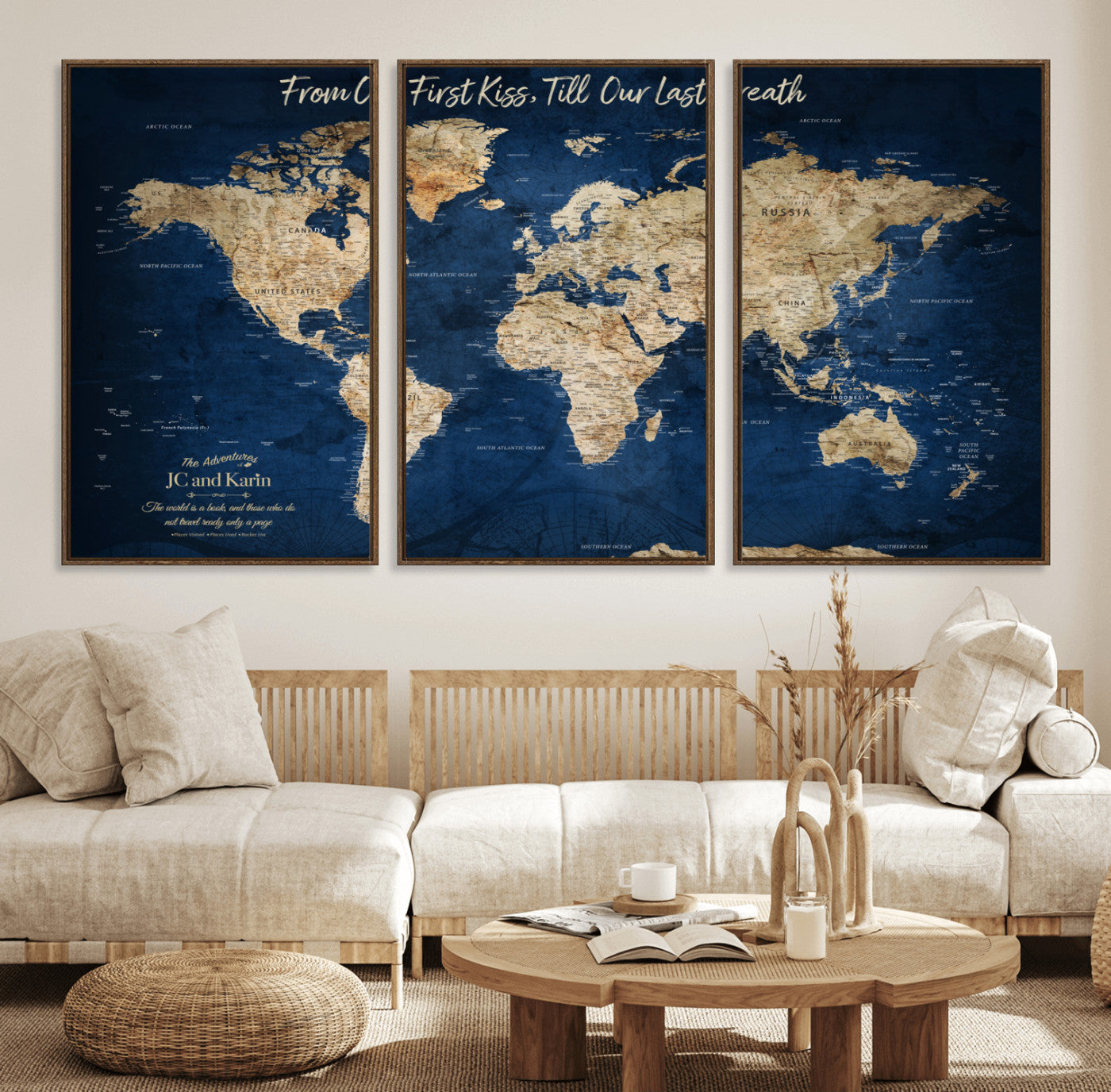 56122A-MGV-FC-60X30-3P_Walnut-Personalized Push Pin World Map Canvas Print – Custom Couple Travel Tracker Wall Art, Framed Anniversary Gift for Home Decor
