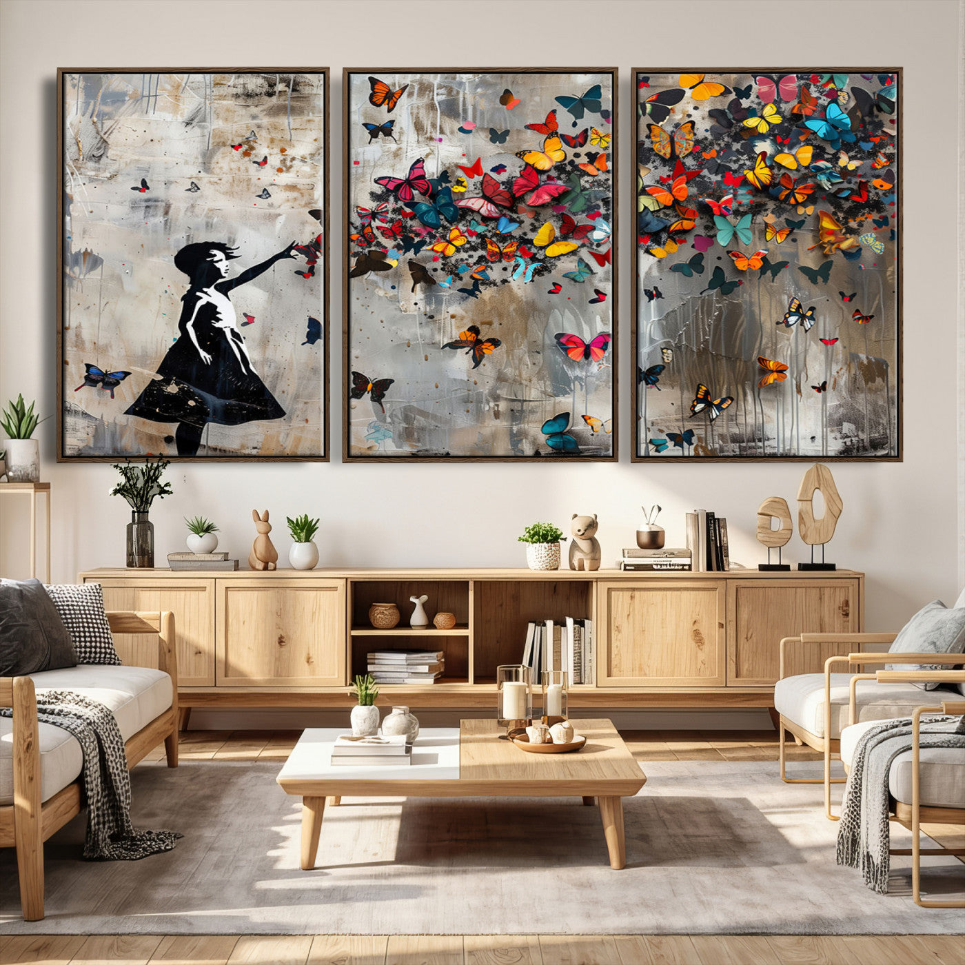 51446-MGV-CV-36X24 - Banksy Butterfly Girl Wall Art | 3-Piece Butterfly Girl Canvas
