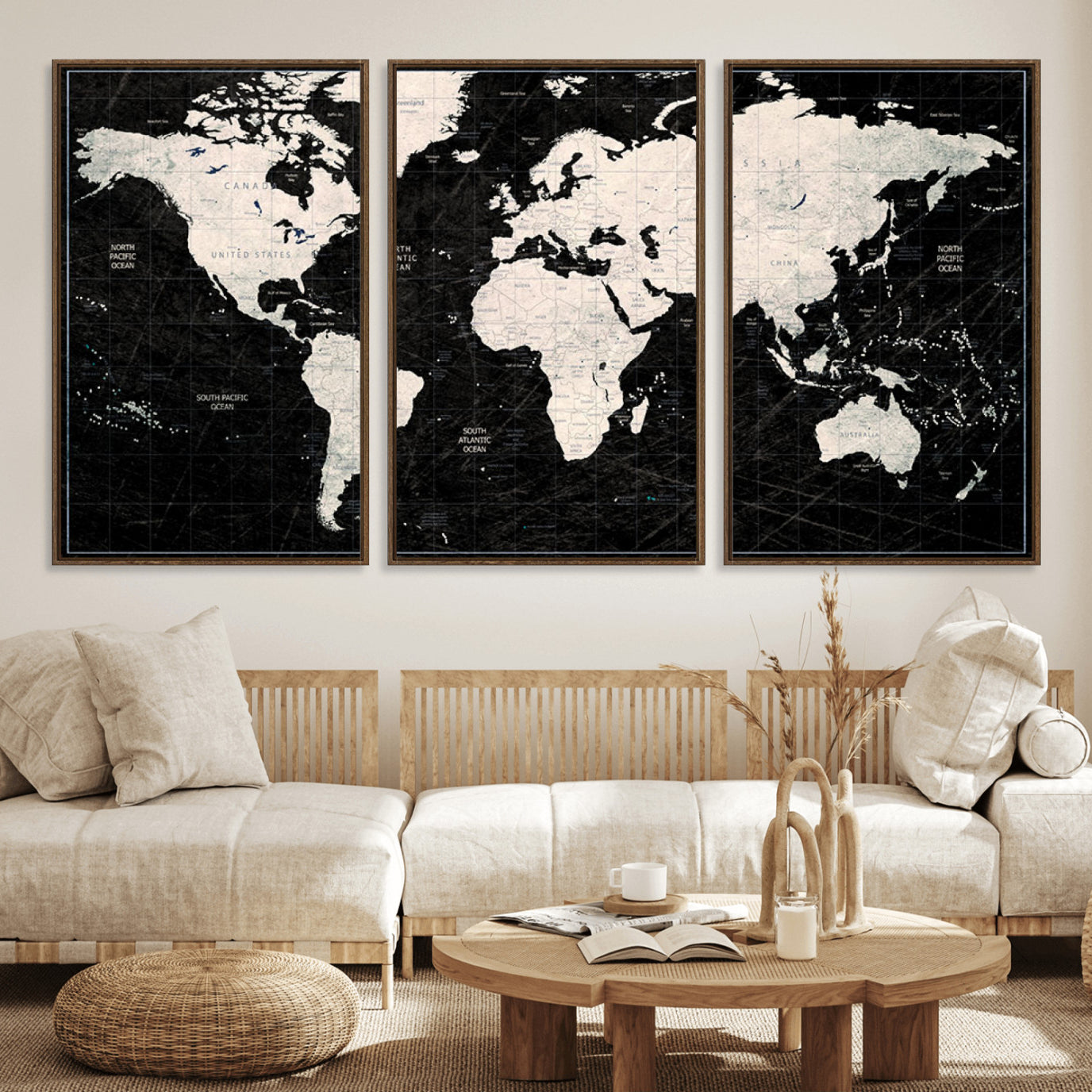 N50Black-MGV-FC-60X30-3P_Walnut-Push Pin World Map Canvas Print – Framed Travel Map Wall Art for Couples, Anniversary Gift, Track Adventures at Home or Office Decor