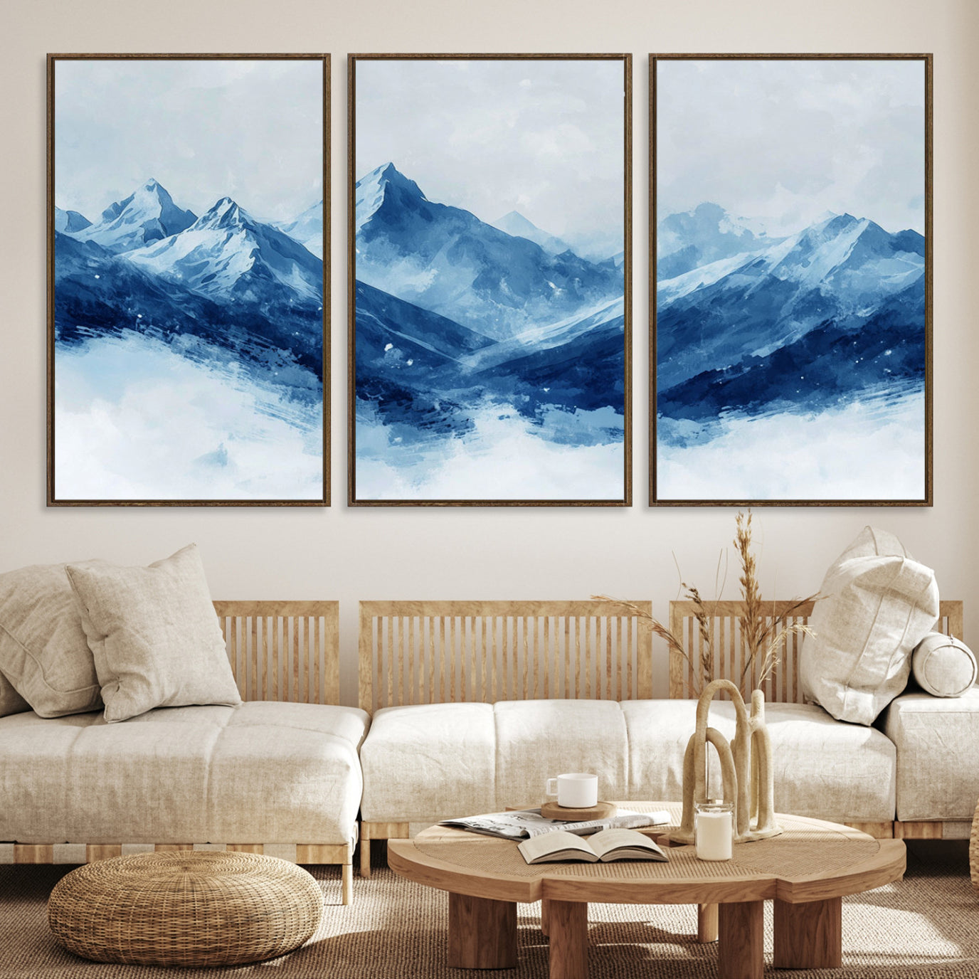 Peaceful watercolor-style painting of snowy blue mountains in soft tones, perfect for winter-themed or minimalist wall decor.
