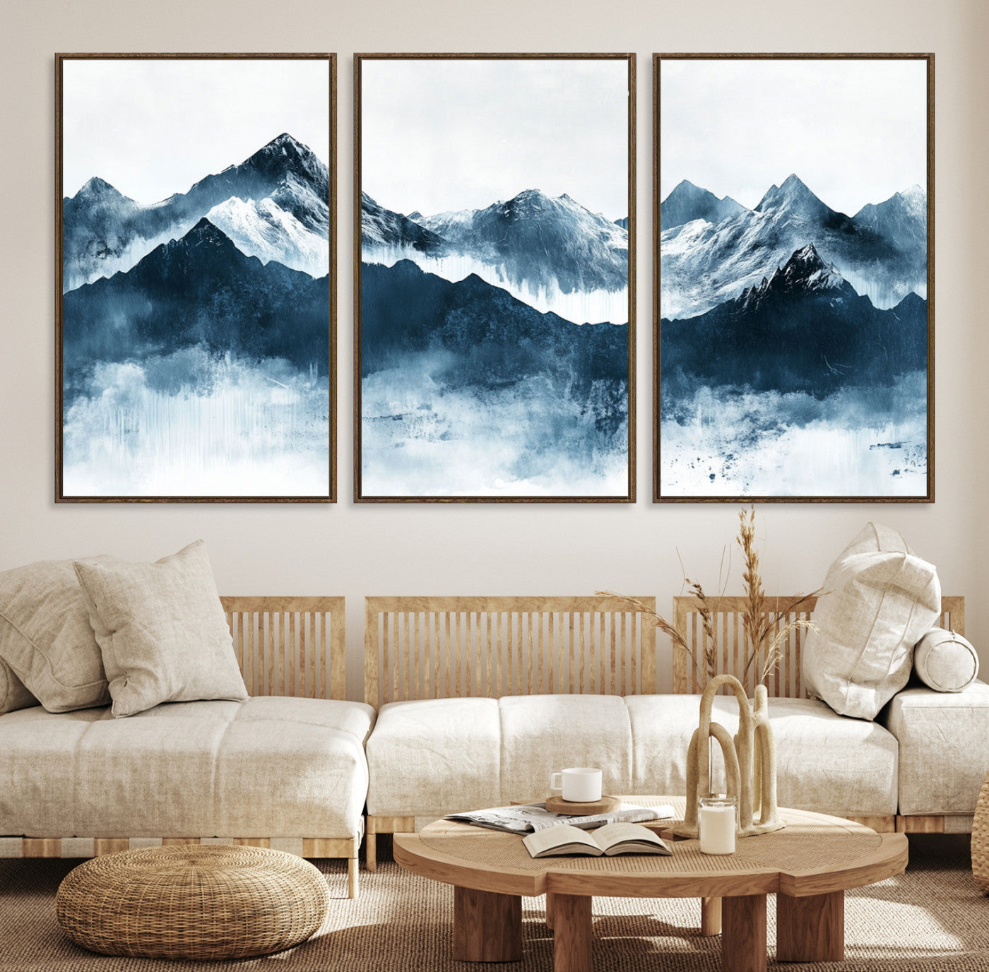 Abstract blue-toned canvas of snowy mountains in misty tones, ideal for minimalist or moody alpine-inspired home decor.