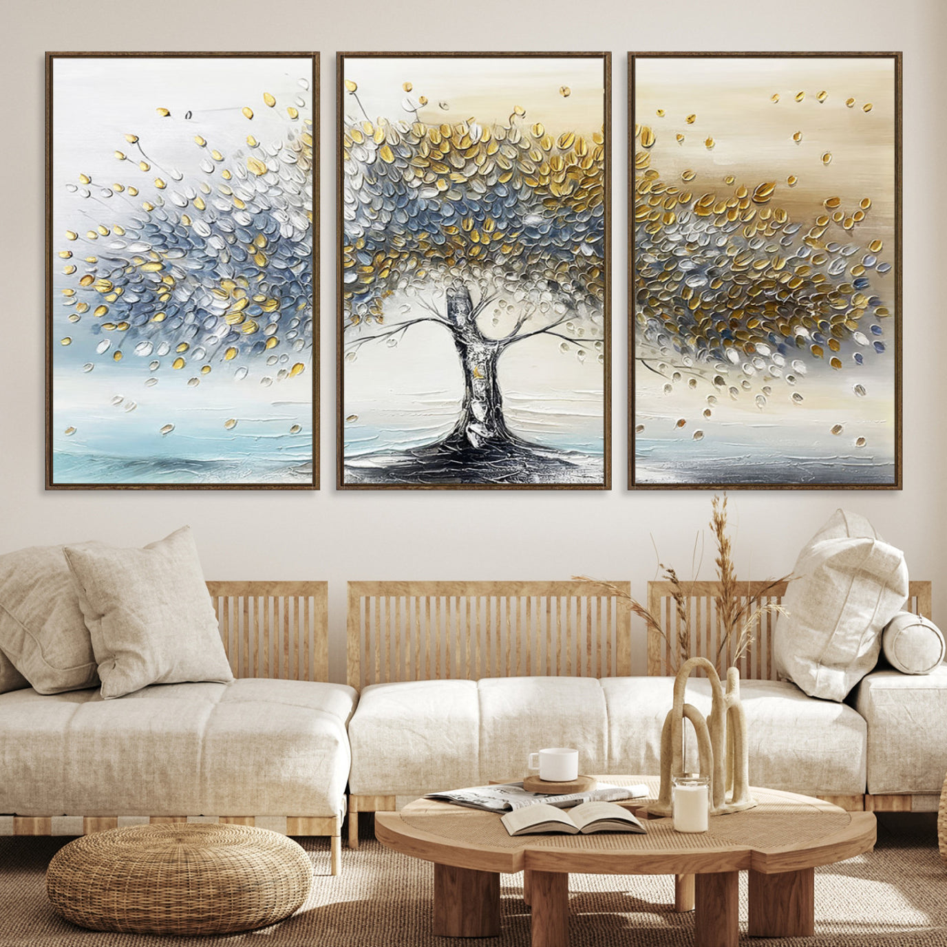 Canvas of a silver and gold textured tree with a soft neutral background, ideal for elegant and minimalist home decor styles.