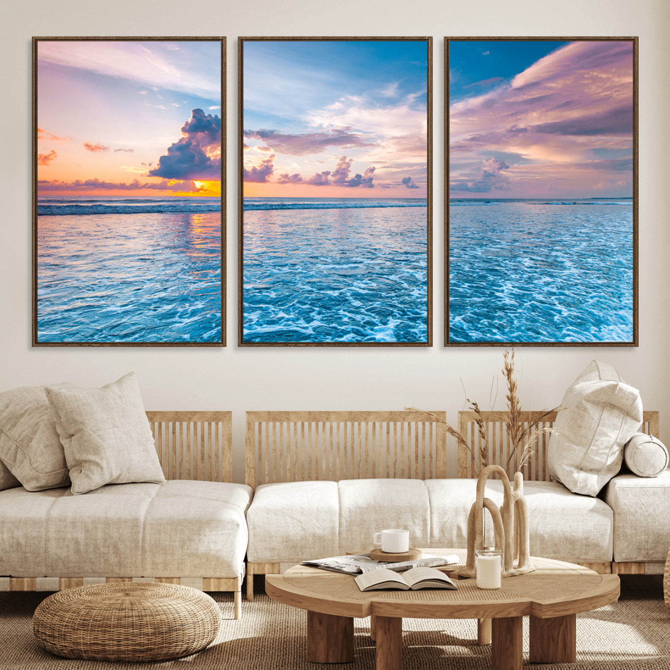 36641-MGV-FC-60X30-3P_Walnut-Ocean Sunset Canvas Wall Art Print – Tranquil Seascape Vibrant Sky Rolling Waves Coastal Artwork for Home, Office