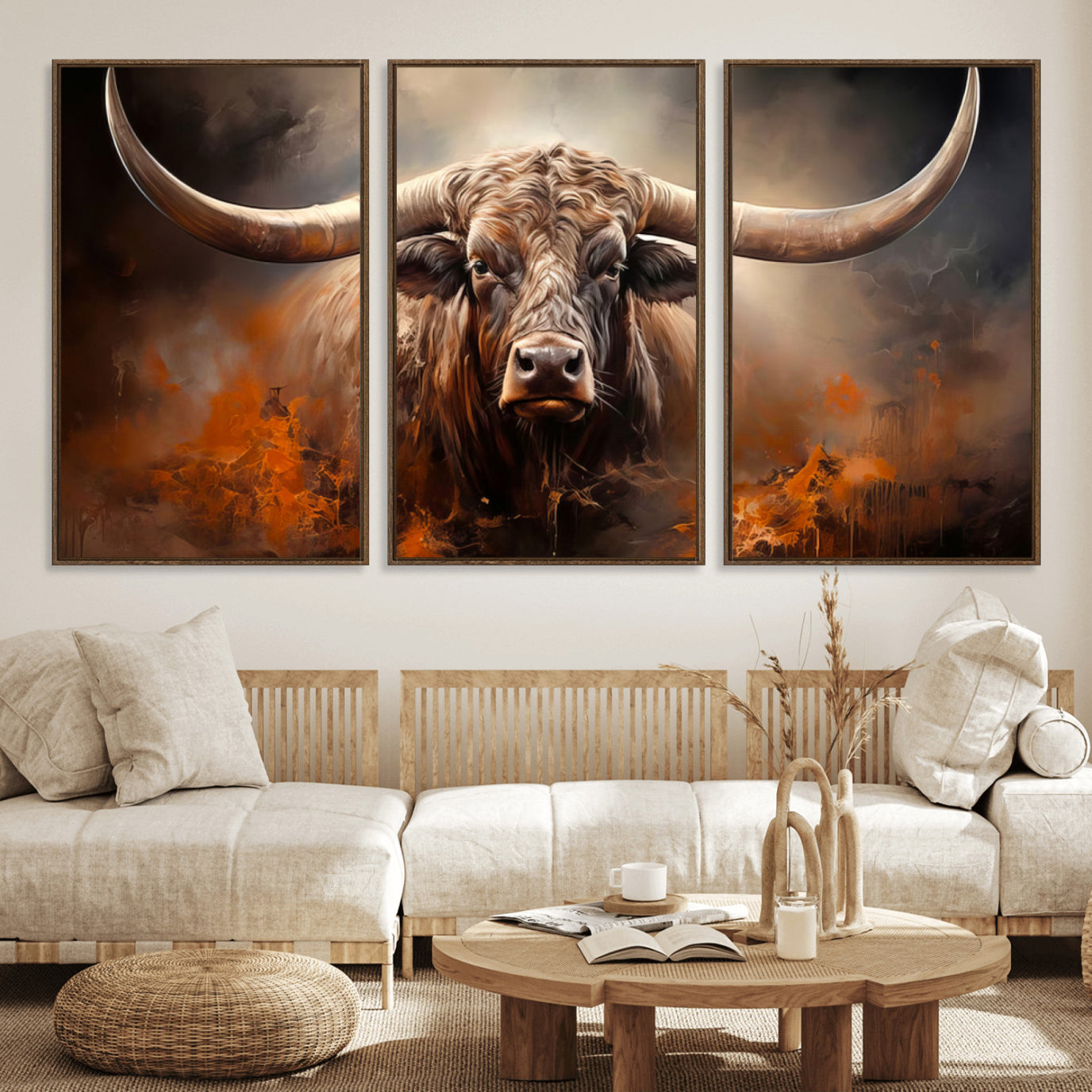 240479-MGV-FC-60X30-3P_Walnut-Highland Bull Canvas Abstract Canvas Wall Art Print – Powerful Highland Bull with Striking Horns in