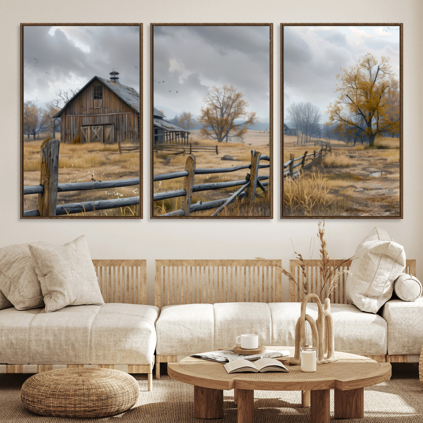 Farm1-MGV-FC-60X30-3P_Walnut-Rustic Autumn Farmhouse Wall Art Canvas Print – Serene Countryside Scene with Weathered Barn and