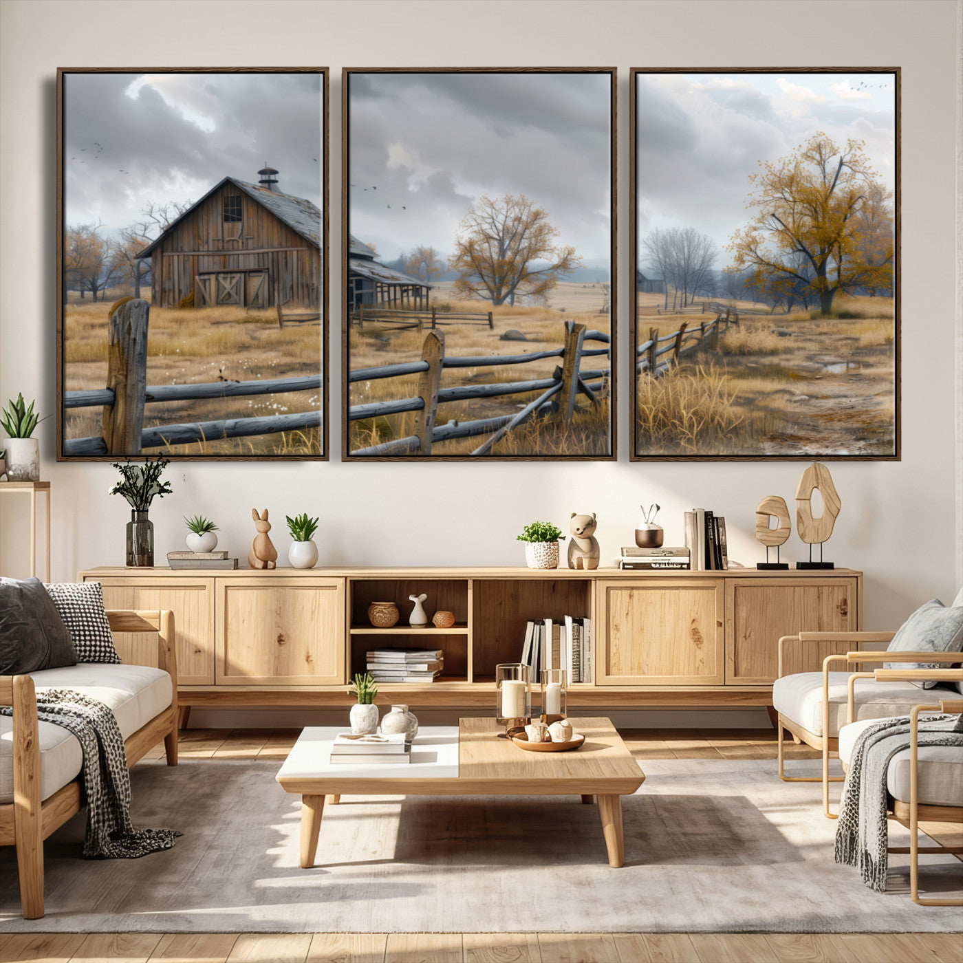 Farm1-MGV-CV-36X24 - Rustic Autumn Farmhouse Wall Art Canvas Print – Serene Countryside Scene with Weathered Barn and