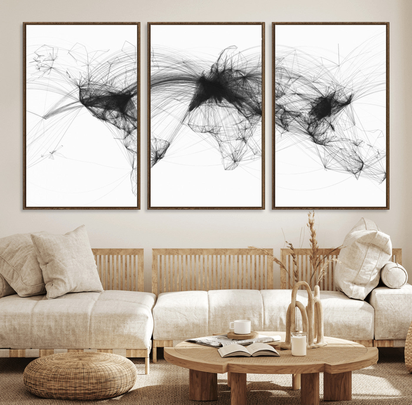 Black-Flight-Routes-MGV-FC-60X30-3P_Walnut-Flight Routes Air Traffic Map Canvas Wall Art - Framed - Ready to Hang