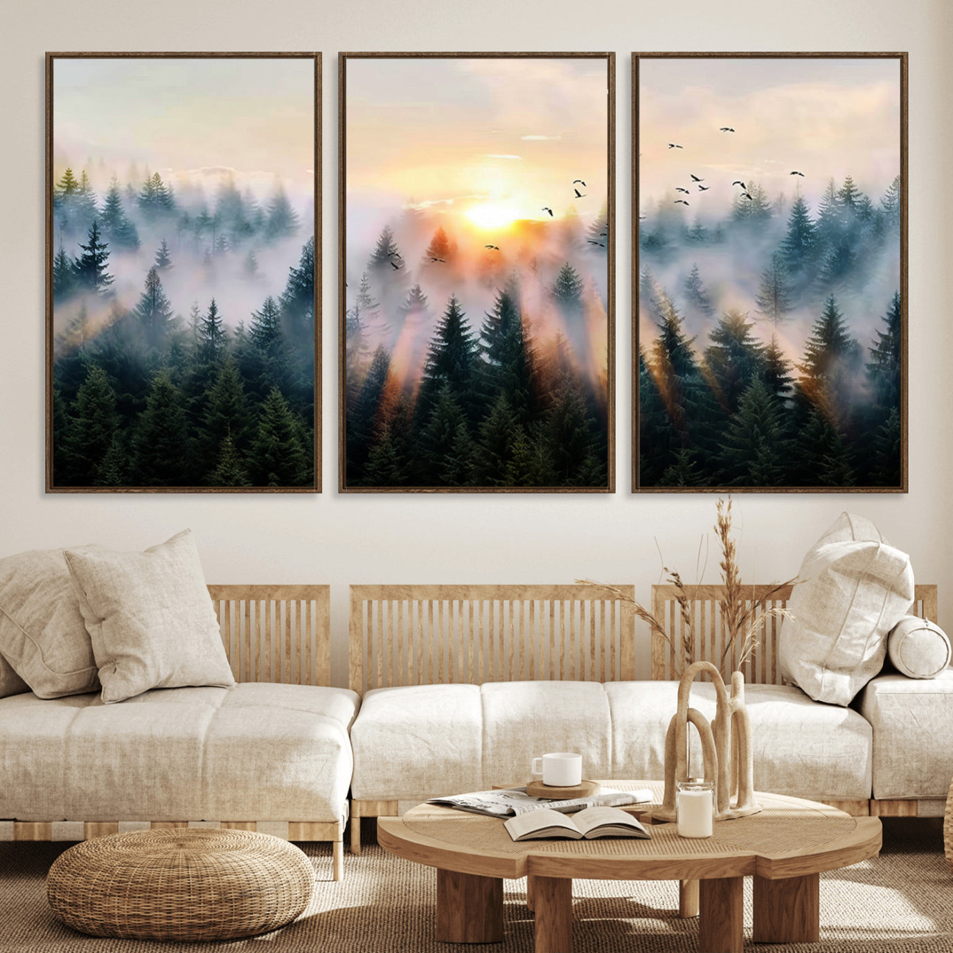 FRSABS1-MGV-FC-60X30-3P_Walnut-Abstract Forest Wall Art - Serene Nature Canvas Print with Misty Forest Design for Modern Home or