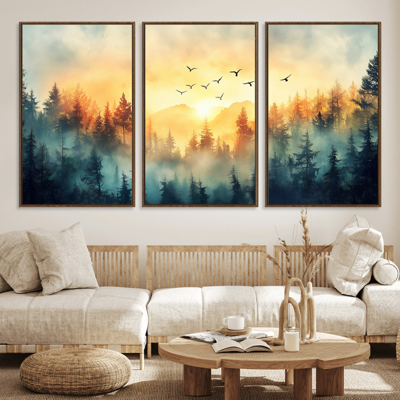 FRSABS2-MGV-FC-60X30-3P_Walnut-Abstract Forest Wall Art Print- Serene Nature Canvas Print with Misty Forest Design for Modern Home