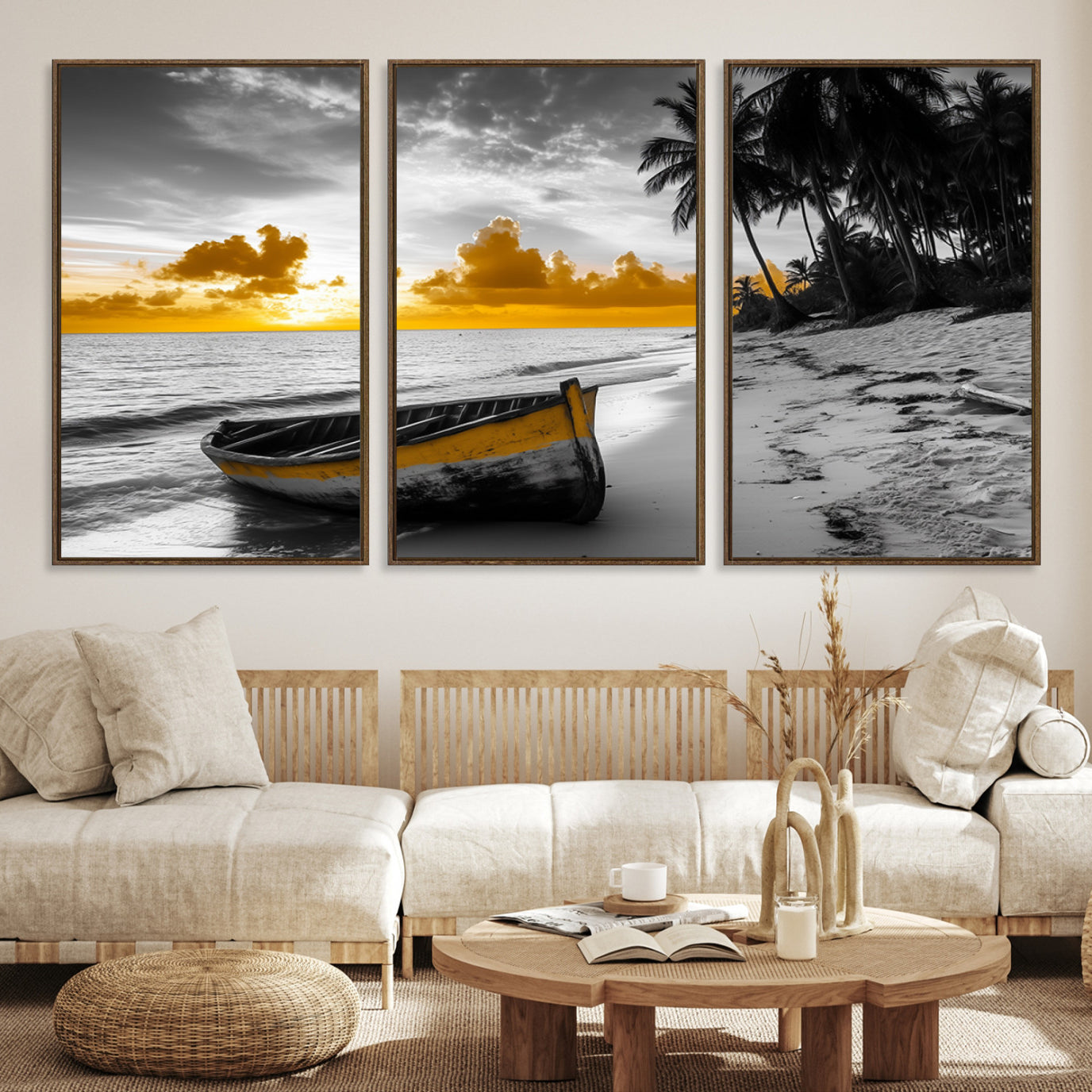 Canvas of a yellow rowboat on a black and white tropical beach with golden sunset sky, ideal for coastal or tropical-themed home decor.