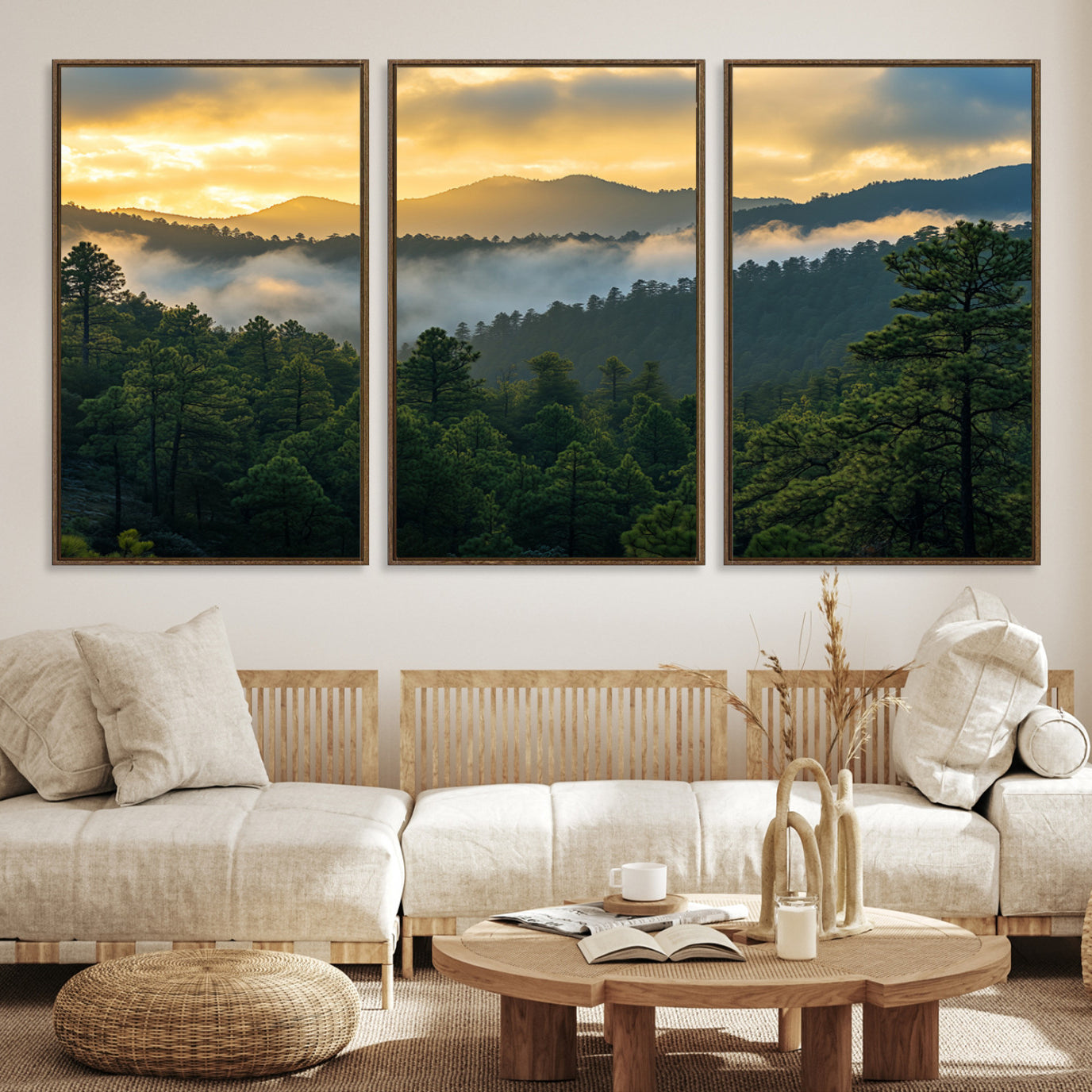 Canvas of misty pine-covered mountains at sunrise, featuring golden light and fog layers, ideal for tranquil earthy home decor.