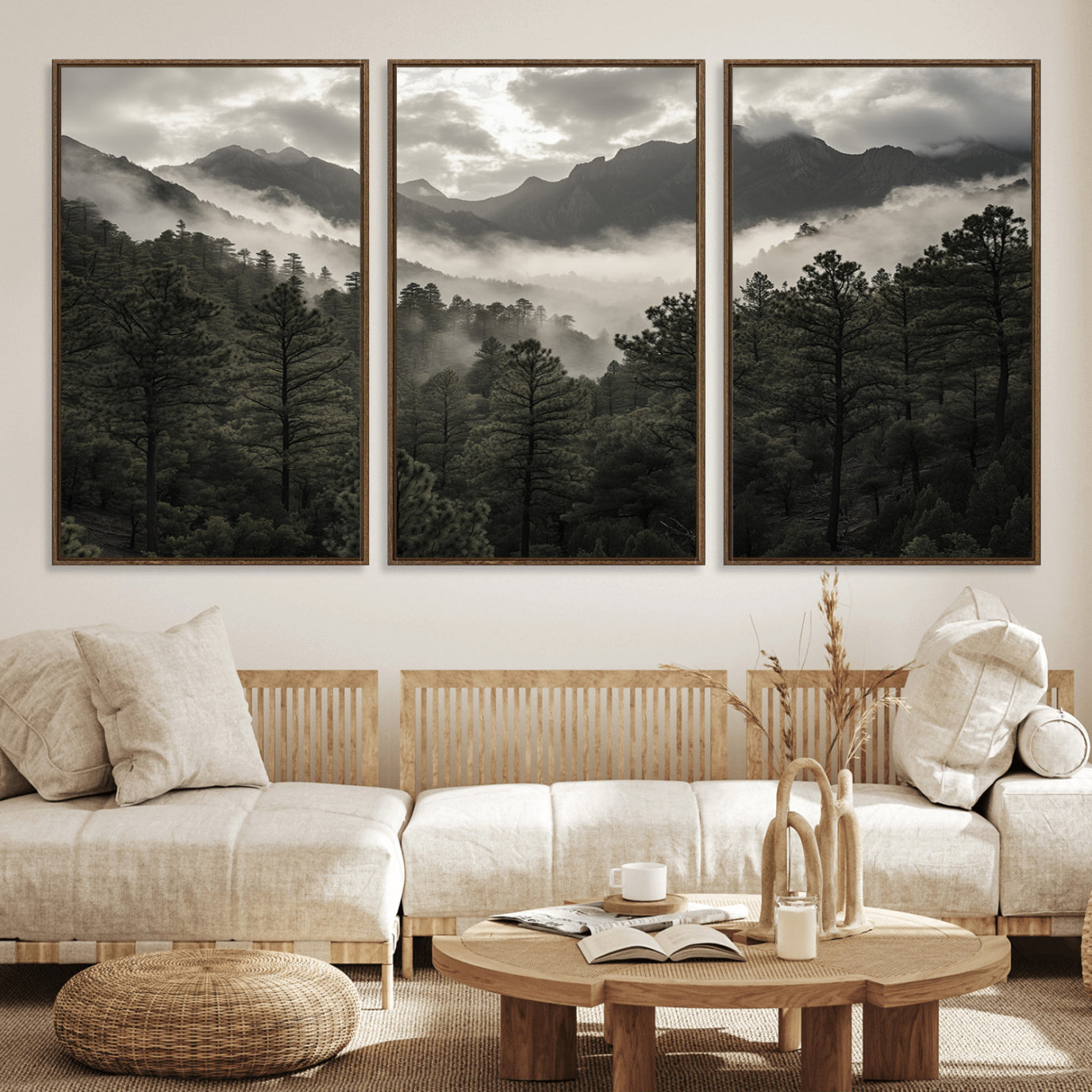 MGV-FC-60X30-3P - Misty Mountain Forest Wall Art – Canvas Print of Cloudy Peaks, Tranquil Pines, Enchanted Landscape, Majestic Nature Decor for Home or Office