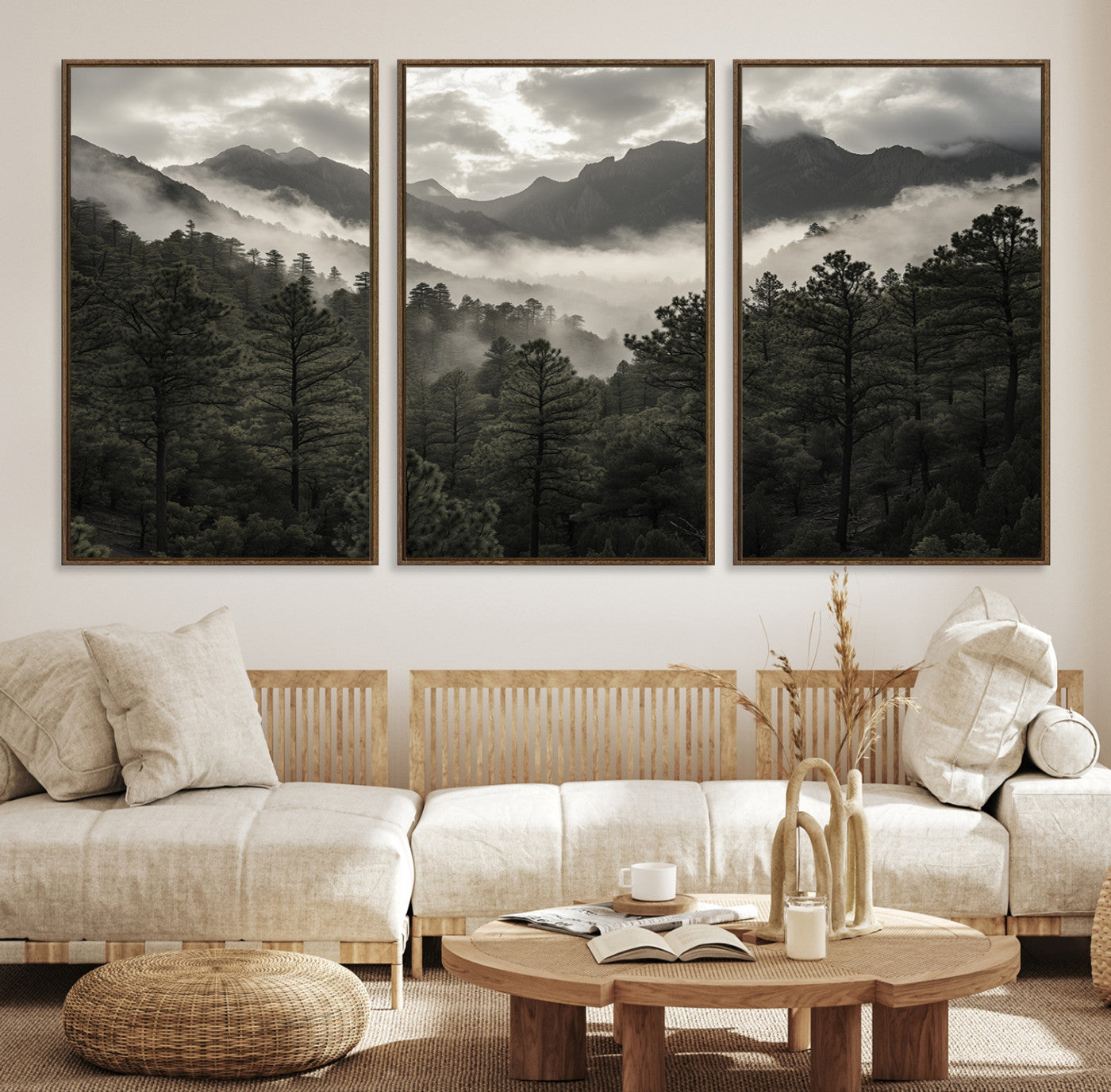 Canvas of moody pine forest and foggy mountain peaks under overcast skies, ideal for calm and rustic woodland-themed home decor.