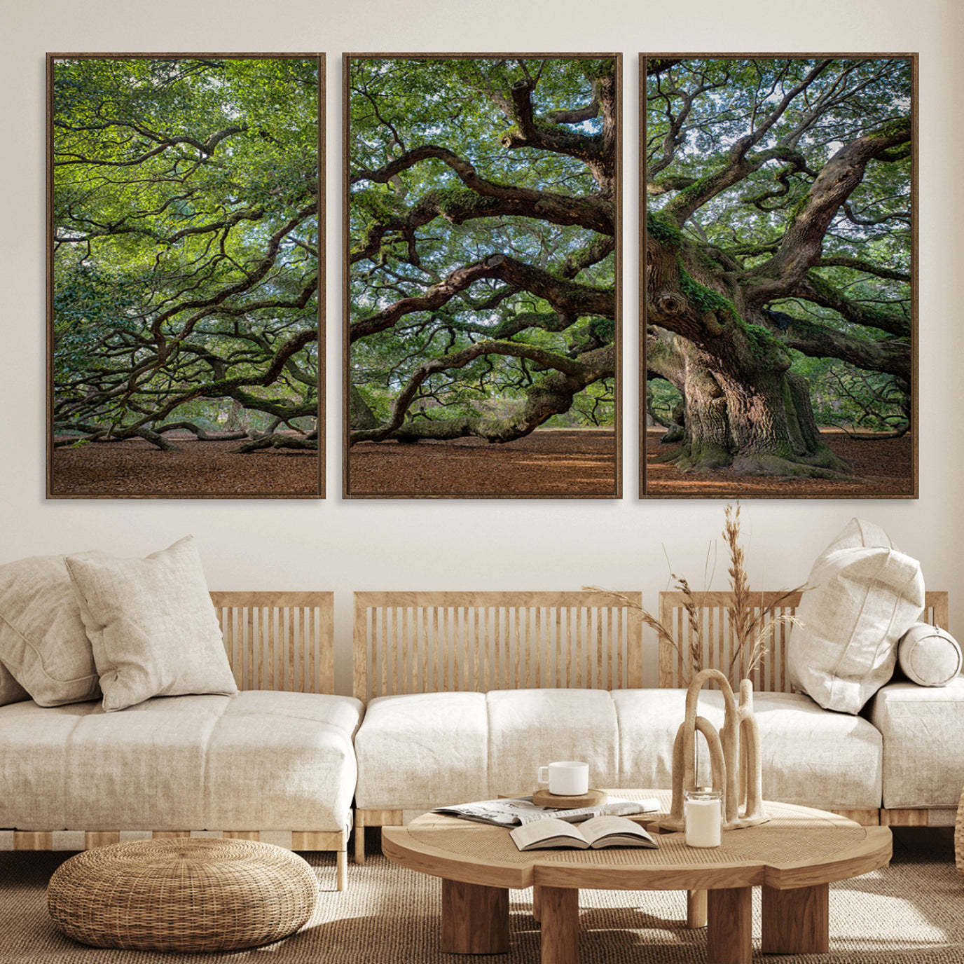 MGV-FC-60X30-3P - Ancient Oak Tree Wall Art – Canvas Print of Expansive Branches Lush Green Canopy, Tranquil Landscape, Majestic Nature Decor for Home or Office